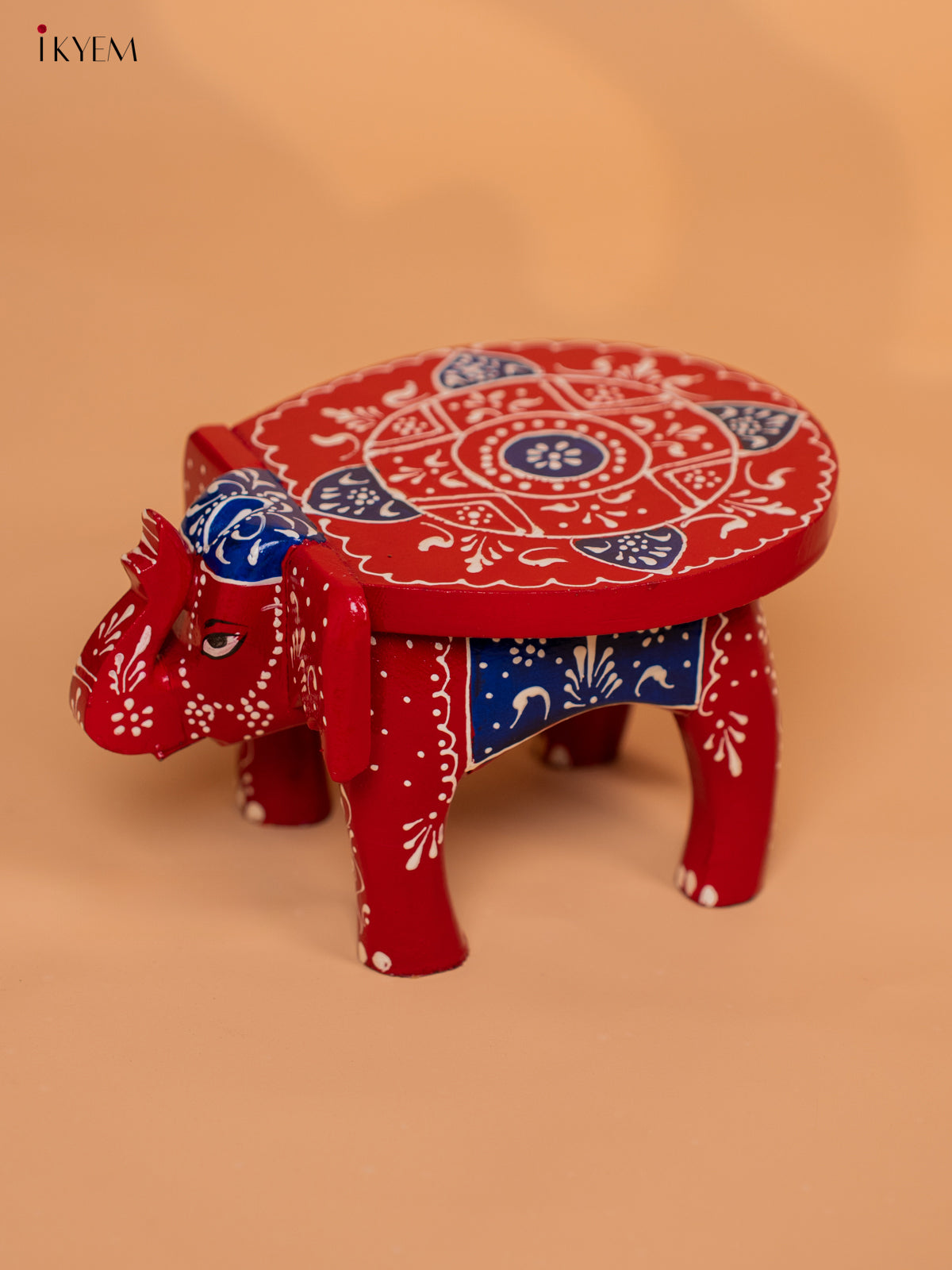 Wooden Hand painted Elephant Stool - Red with Blue - 4 Inch - KD18151