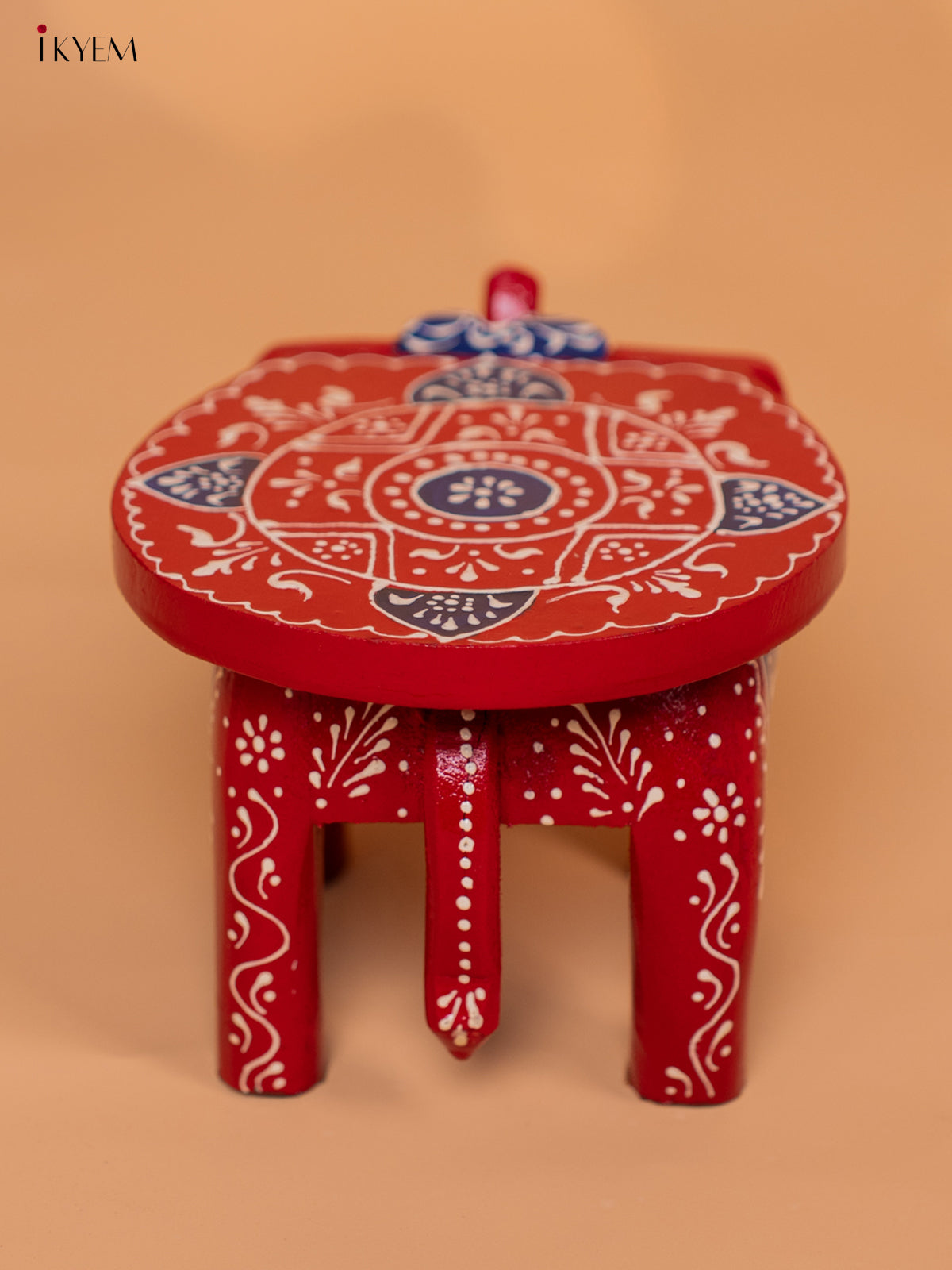 Wooden Hand painted Elephant Stool - Red with Blue - 4 Inch - KD18151