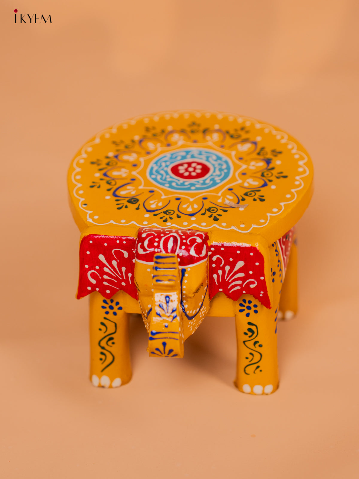 Wooden Hand painted Elephant Stool - Yellow - 4 Inch - KD18153