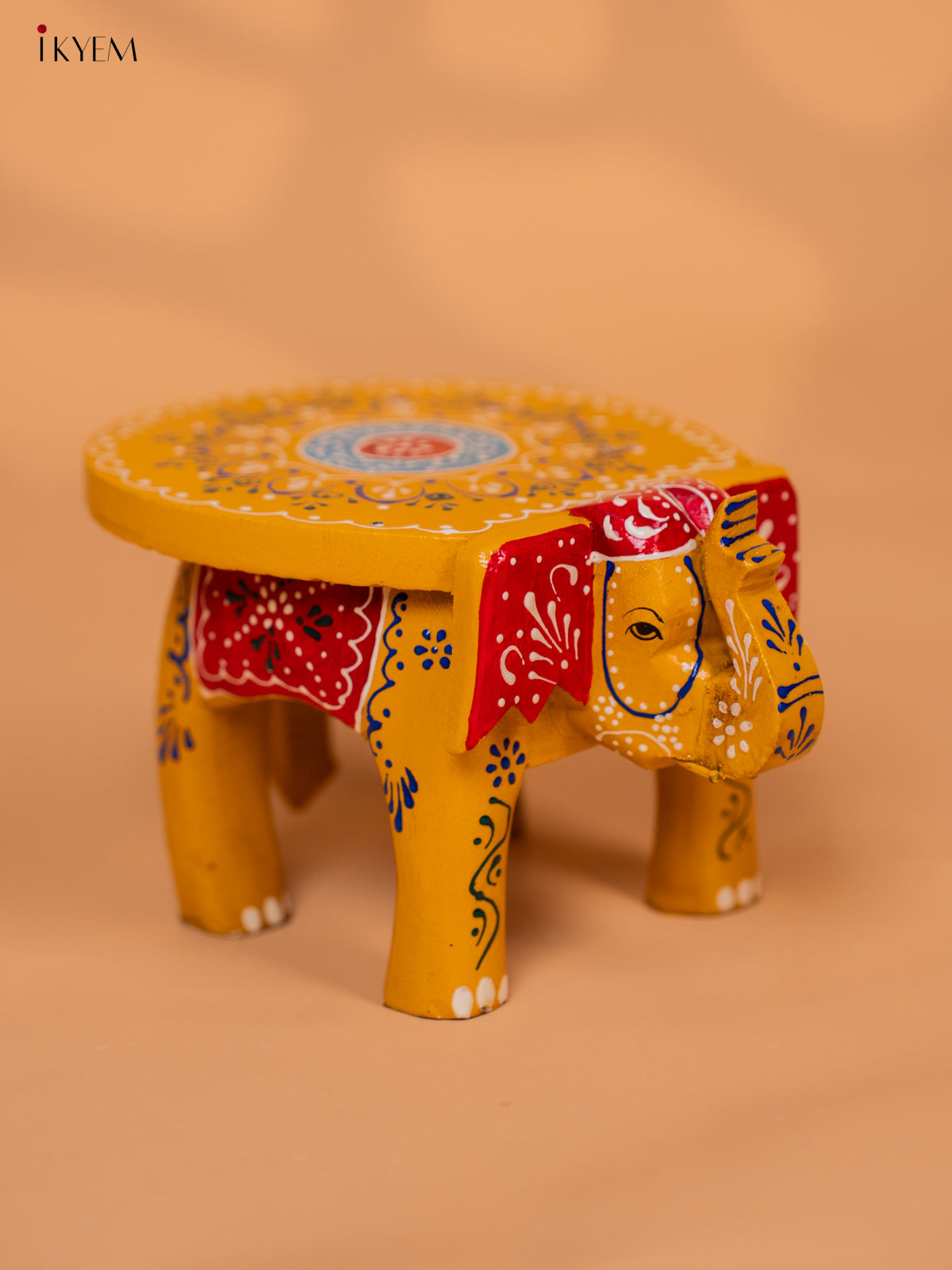 Wooden Hand painted Elephant Stool - Yellow - 4 Inch - KD18153