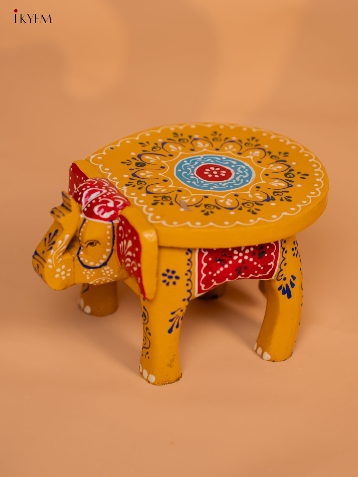 Wooden Hand painted Elephant Stool - Yellow - 4 Inch - KD18153