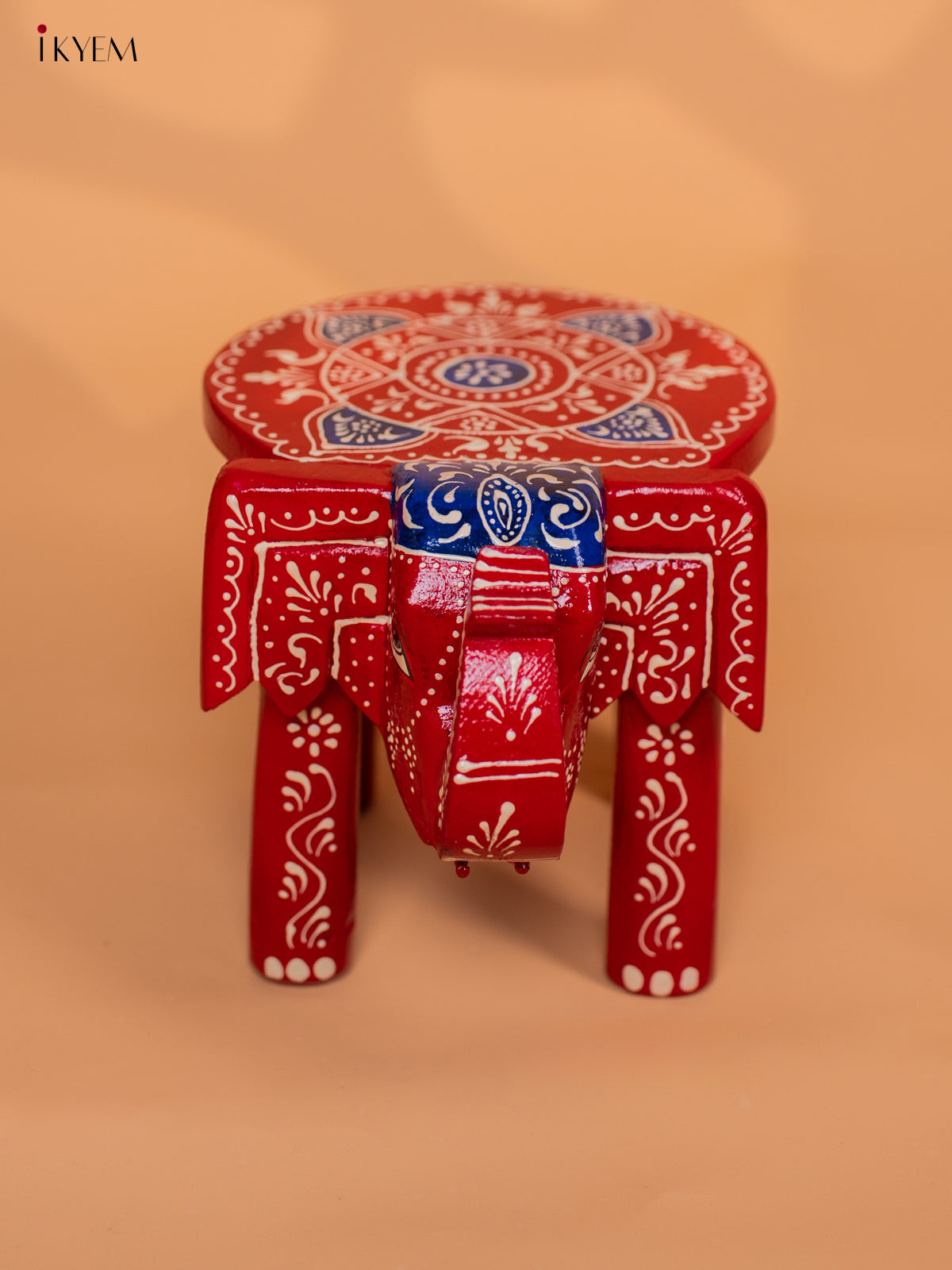 Wooden Hand painted Elephant Stool - Red with Blue - 6 Inch - KD18154