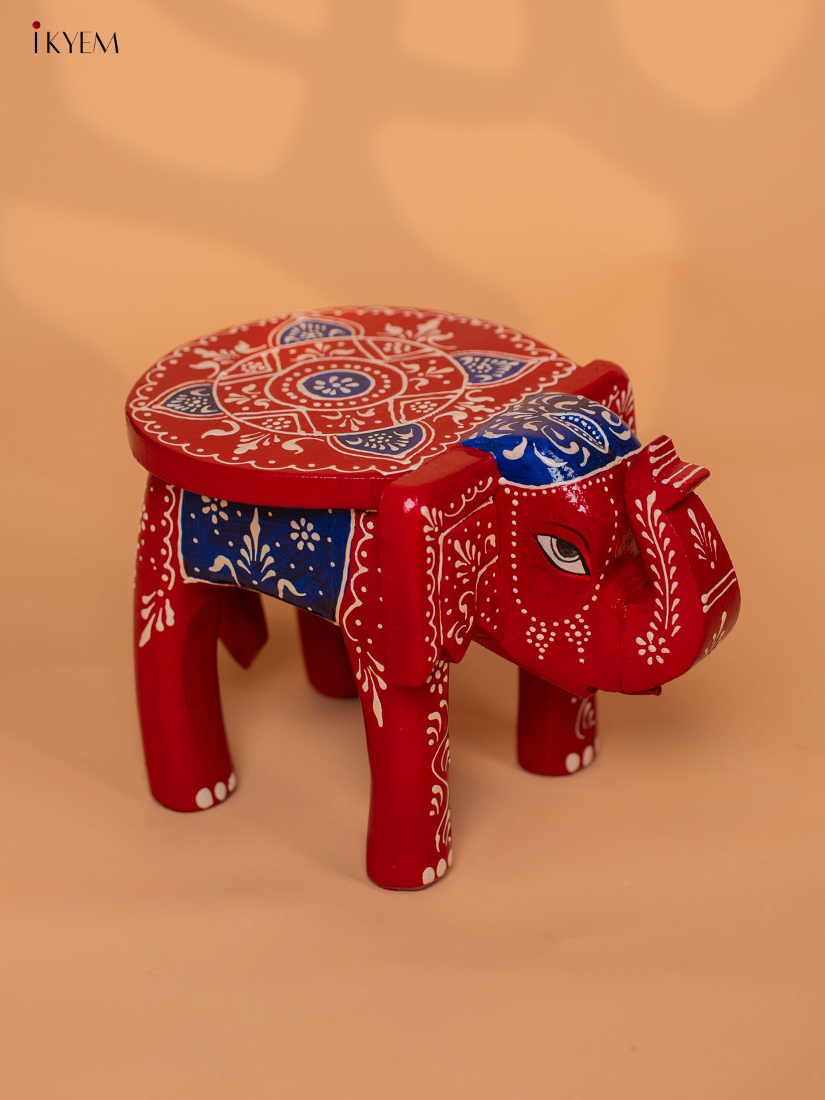 Wooden Hand painted Elephant Stool - Red with Blue - 6 Inch - KD18154
