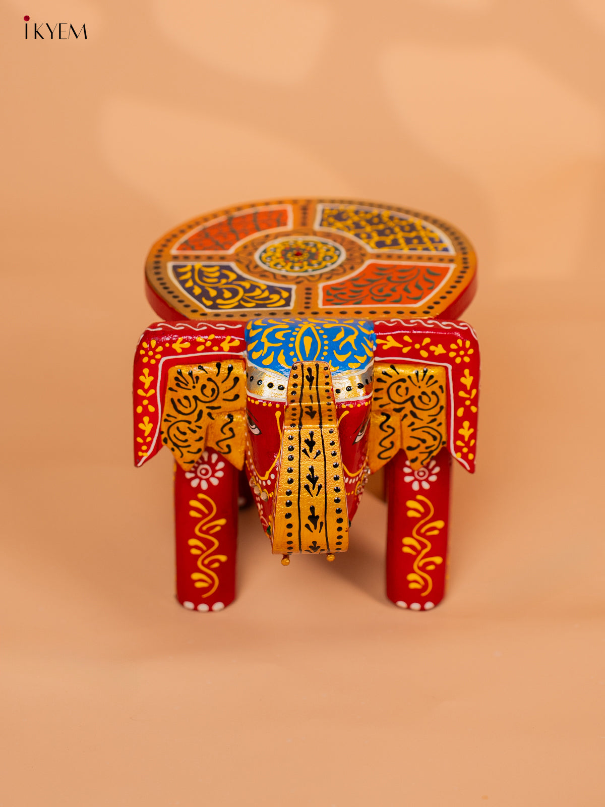 Wooden Hand painted Elephant Stool - Red with Yellow - 6 Inch - KD18155