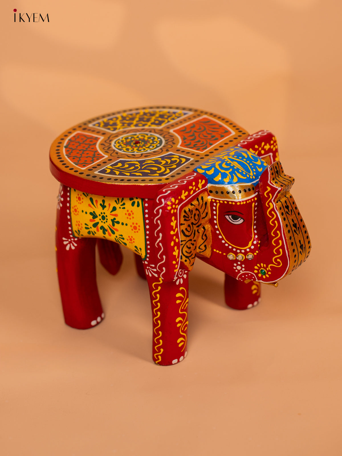 Wooden Hand painted Elephant Stool - Red with Yellow - 6 Inch - KD18155