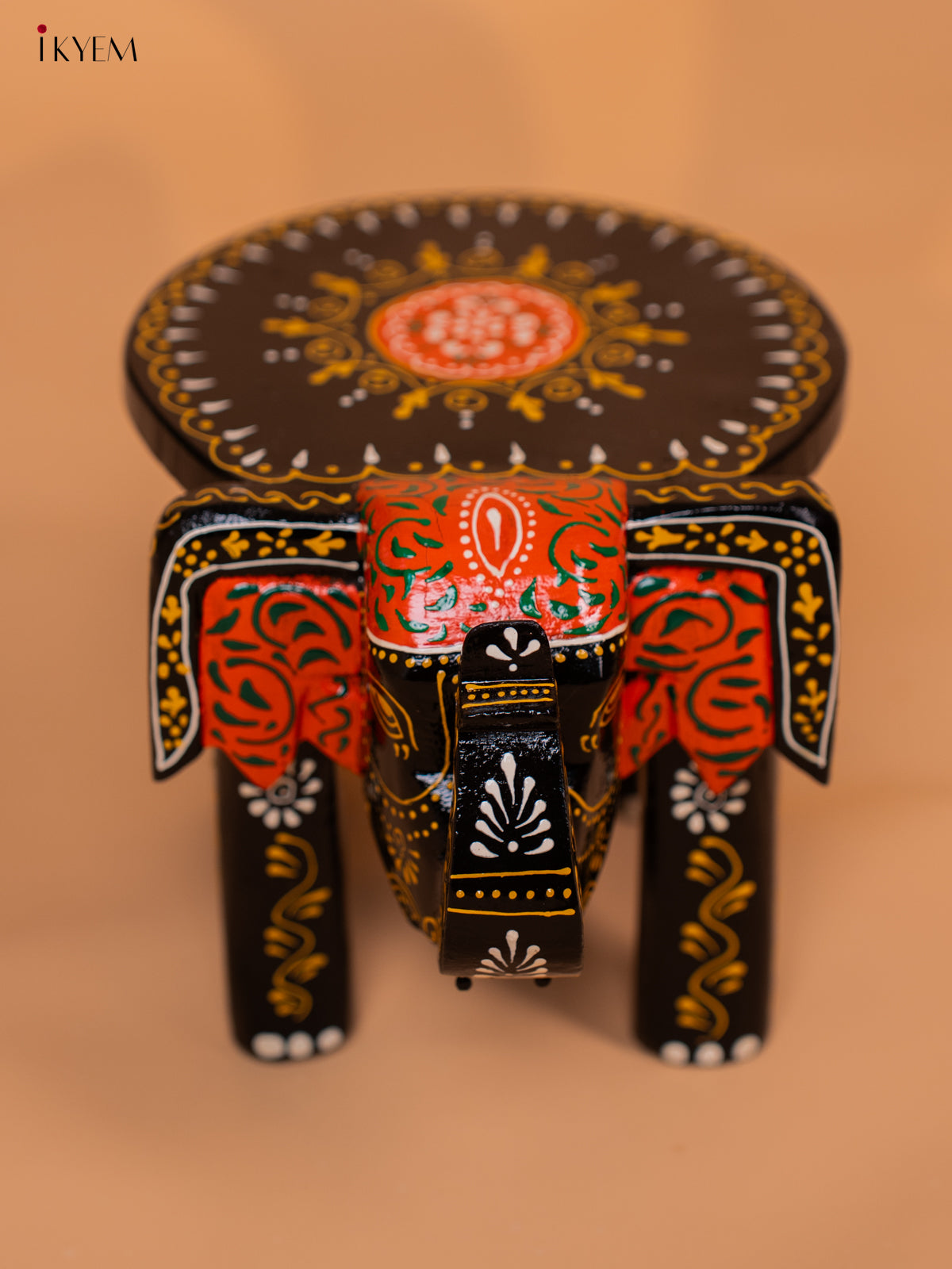 Wooden Hand painted Elephant Stool - Black with Orange - 6 Inch- KD18156