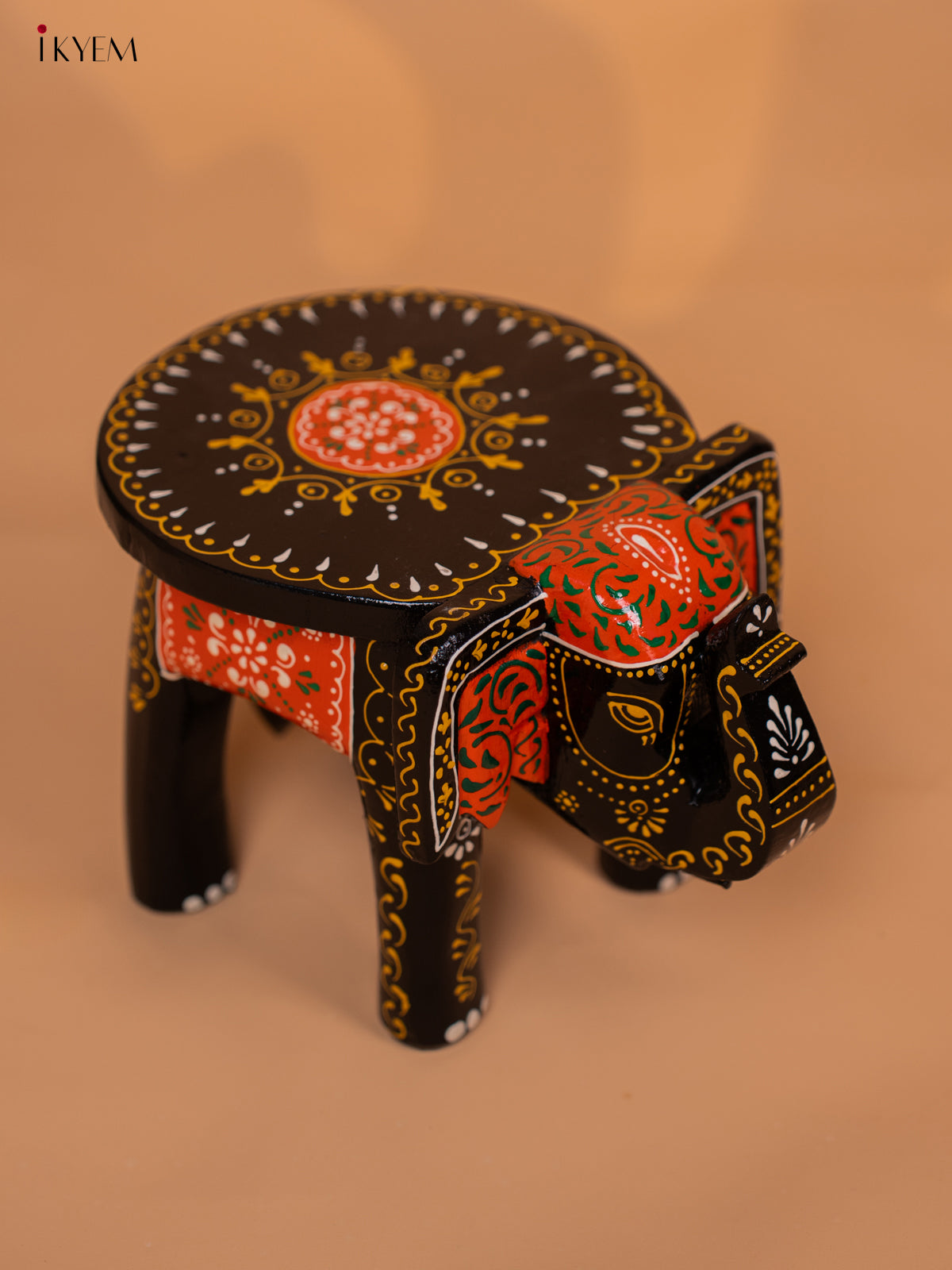 Wooden Hand painted Elephant Stool - Black with Orange - 6 Inch- KD18156