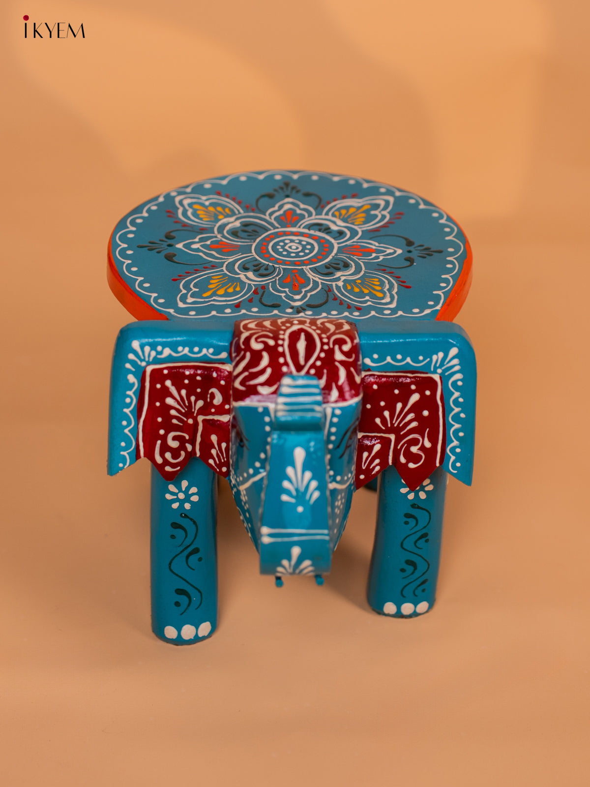 Wooden Hand painted Elephant Stool - Sky Blue - 6 Inch - KD18157