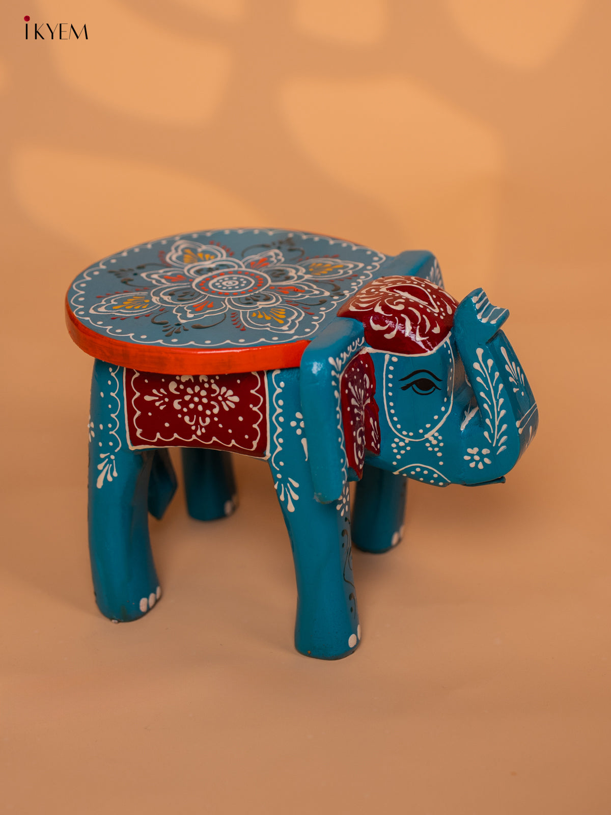 Wooden Hand painted Elephant Stool - Sky Blue - 6 Inch - KD18157