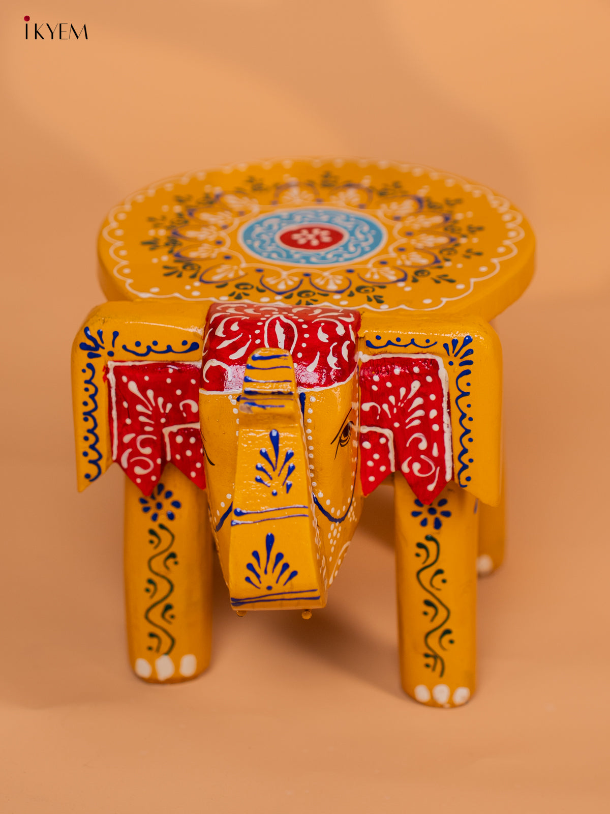 Wooden Hand painted Elephant Stool - Yellow - 6 Inch - KD18158