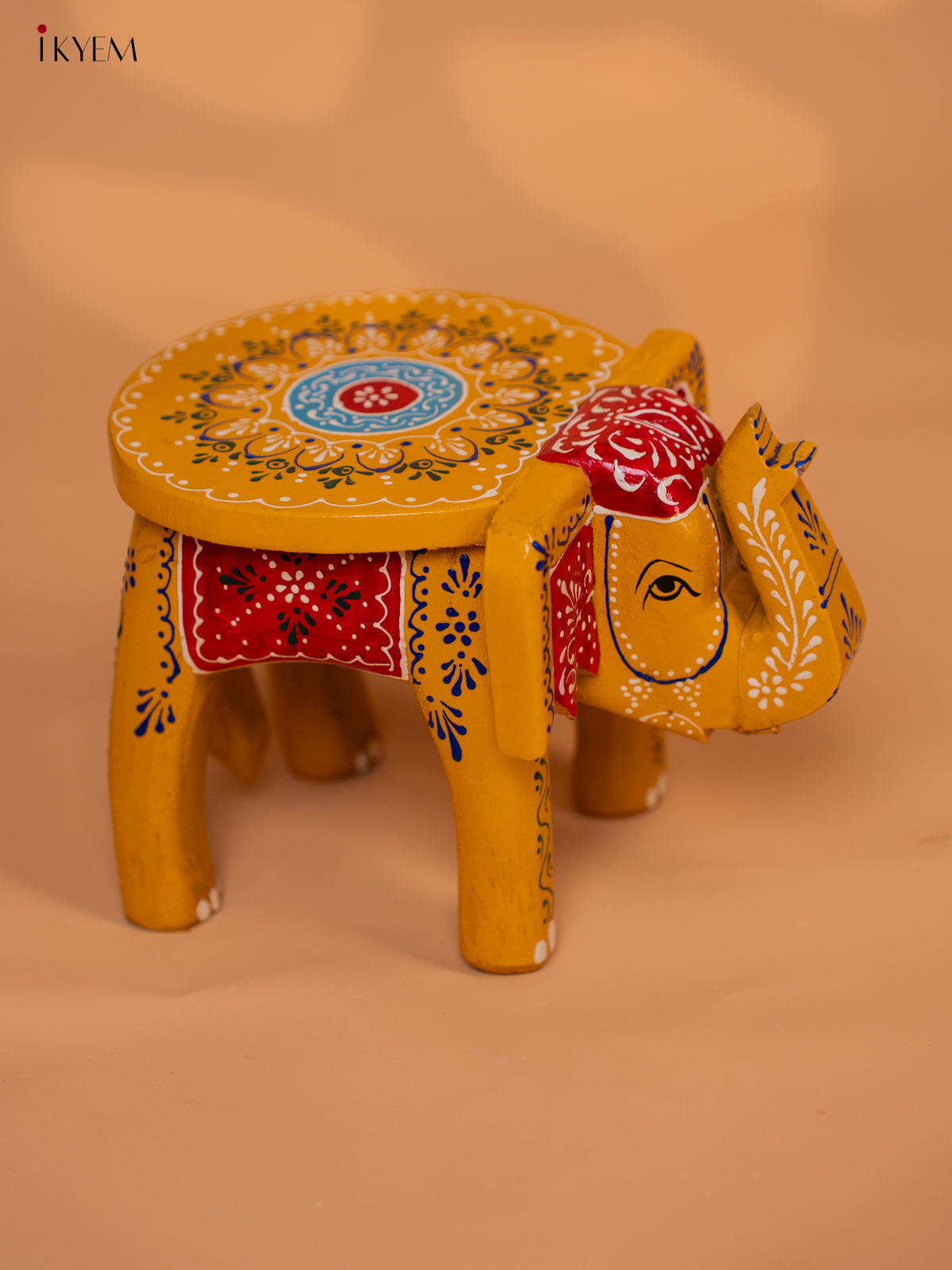 Wooden Hand painted Elephant Stool - Yellow - 6 Inch - KD18158