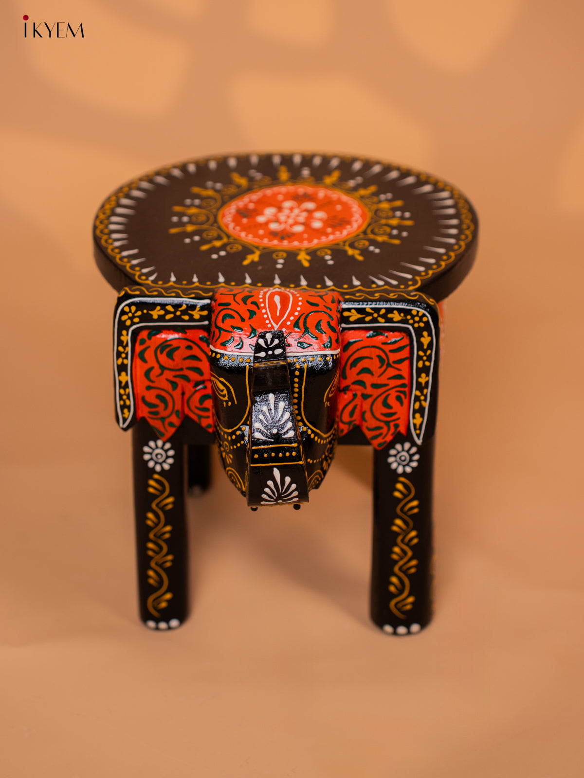 Wooden Hand painted Elephant Stool - Black with Orange - 8 Inch -KD18159