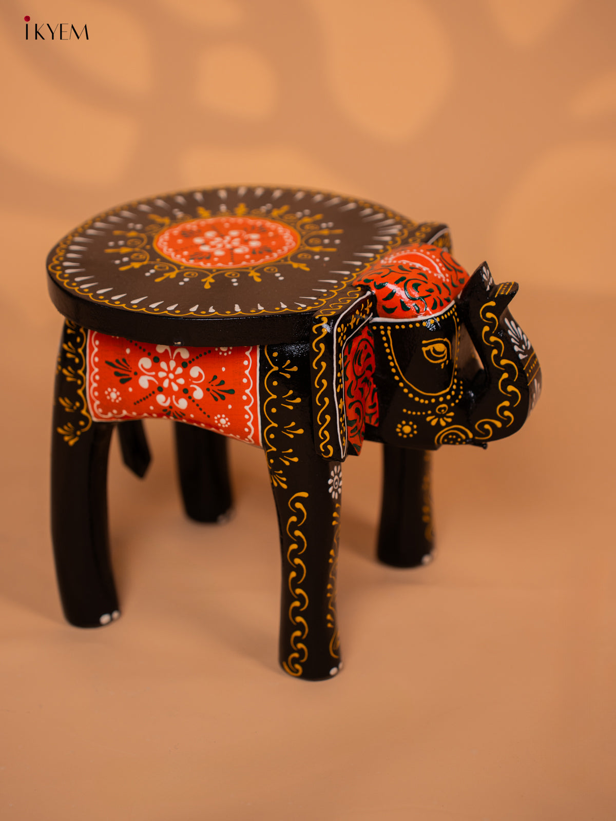 Wooden Hand painted Elephant Stool - Black with Orange - 8 Inch -KD18159