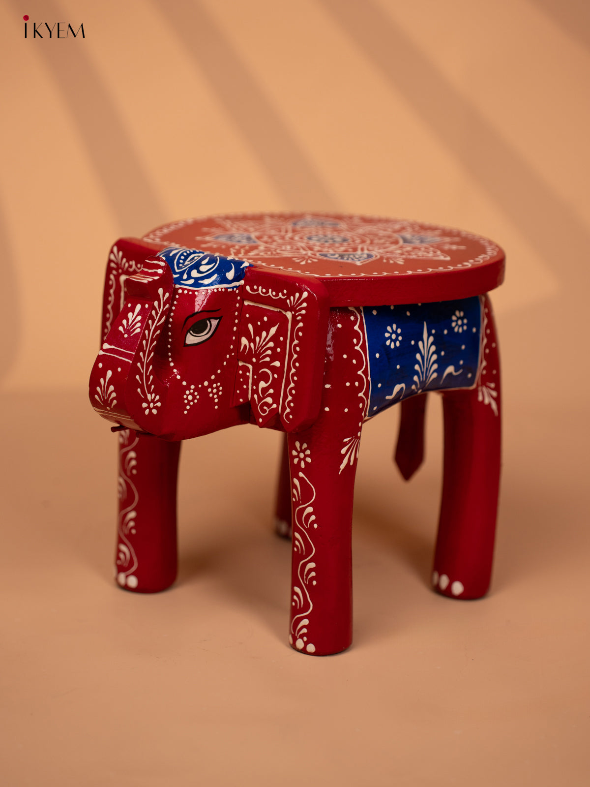 WOODEN HANDPAINTED ELEPHANT STOOL -RED WITH BLUE- 8INCH - KD18160