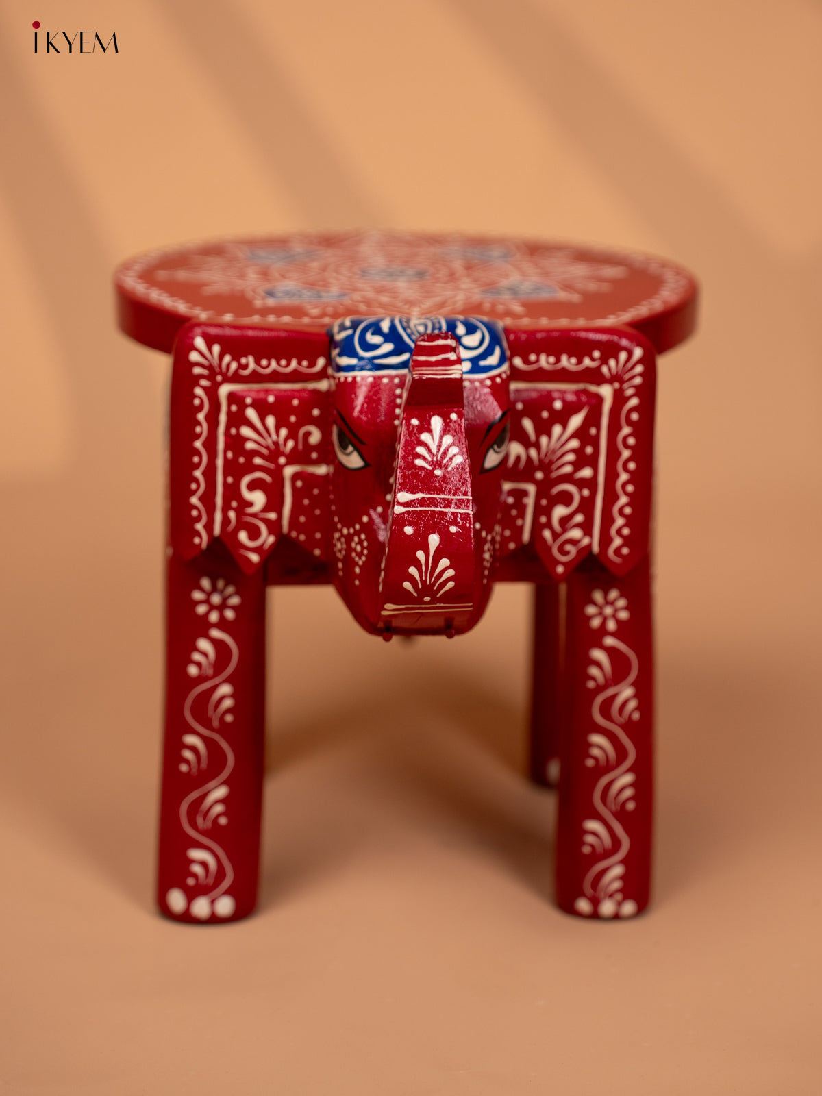 WOODEN HANDPAINTED ELEPHANT STOOL -RED WITH BLUE- 8INCH - KD18160