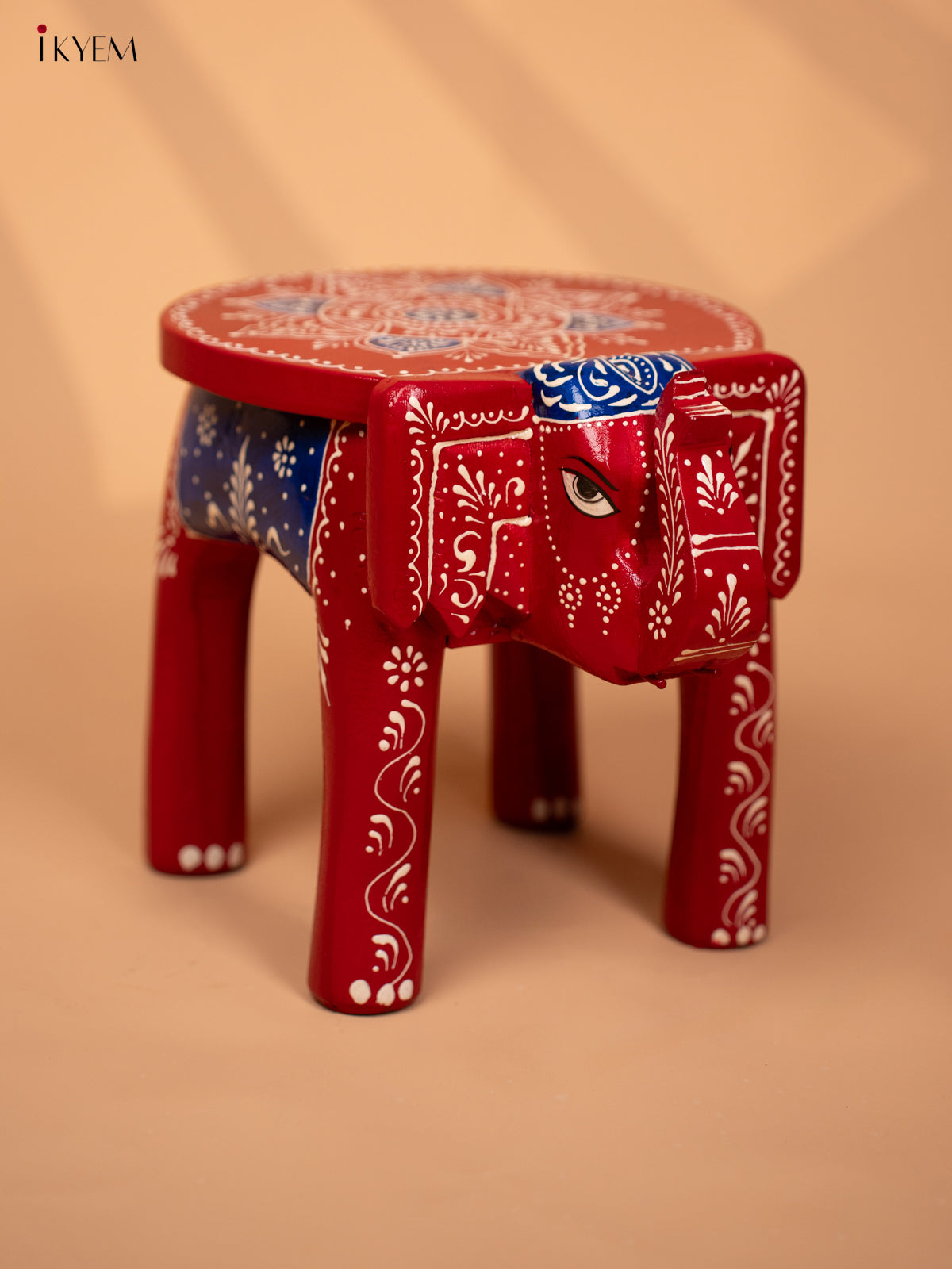 WOODEN HANDPAINTED ELEPHANT STOOL -RED WITH BLUE- 8INCH - KD18160