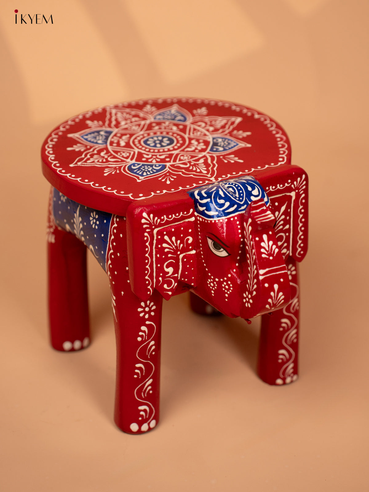 WOODEN HANDPAINTED ELEPHANT STOOL -RED WITH BLUE- 8INCH - KD18160