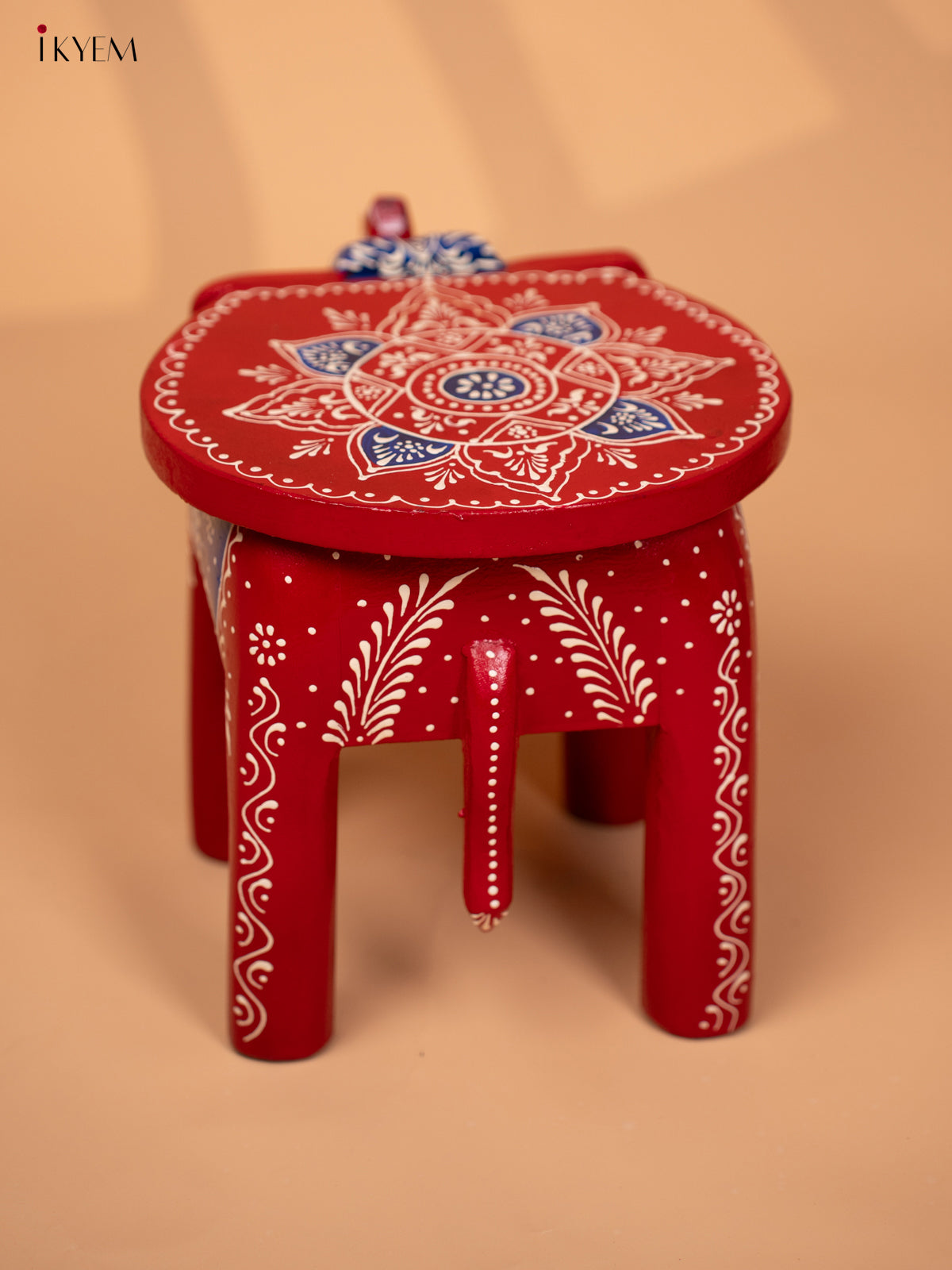 WOODEN HANDPAINTED ELEPHANT STOOL -RED WITH BLUE- 8INCH - KD18160