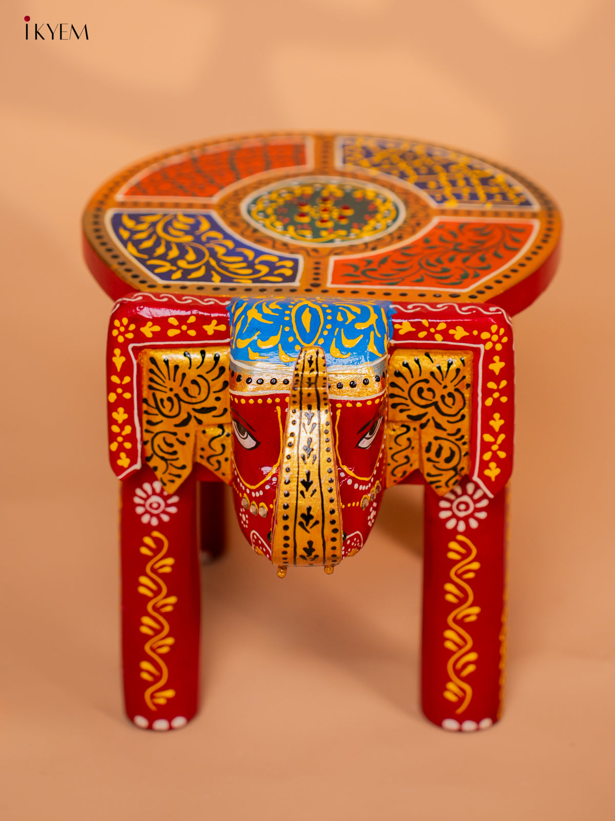 Wooden Hand painted Elephant Stool - Red with Yellow - 8 Inch - KD18161