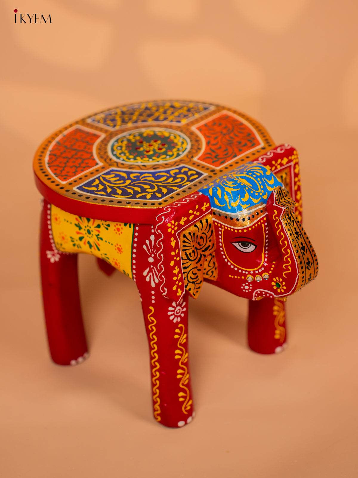 Wooden Hand painted Elephant Stool - Red with Yellow - 8 Inch - KD18161