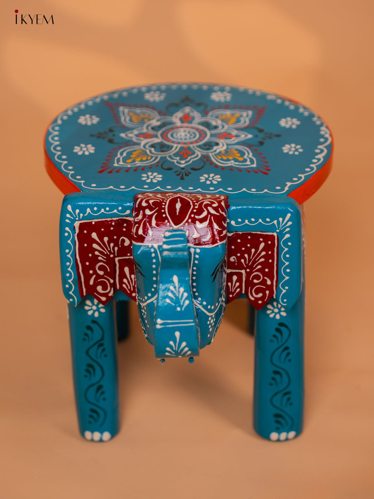 Wooden Hand painted Elephant Stool - Sky Blue- 8 Inch - KD18162
