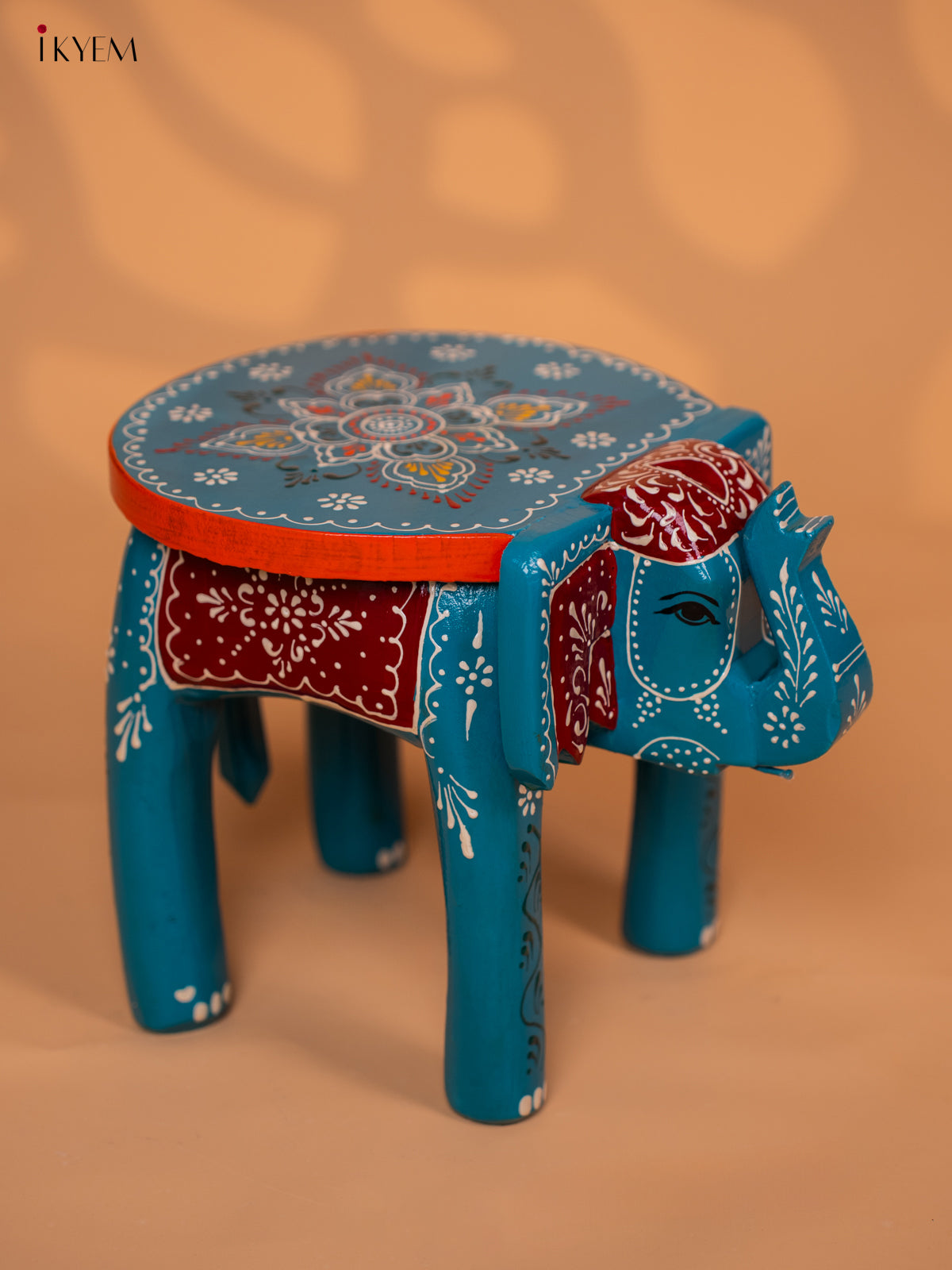 Wooden Hand painted Elephant Stool - Sky Blue- 8 Inch - KD18162