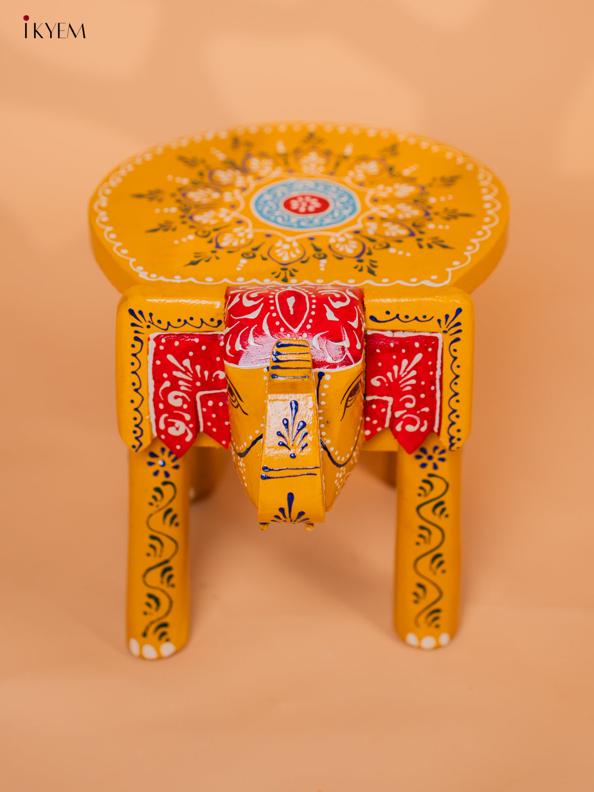 Wooden Hand painted Elephant Stool - Yellow- 8 Inch - KD18163