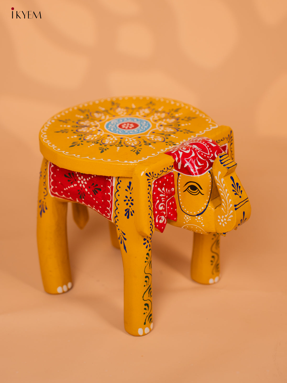 Wooden Hand painted Elephant Stool - Yellow- 8 Inch - KD18163