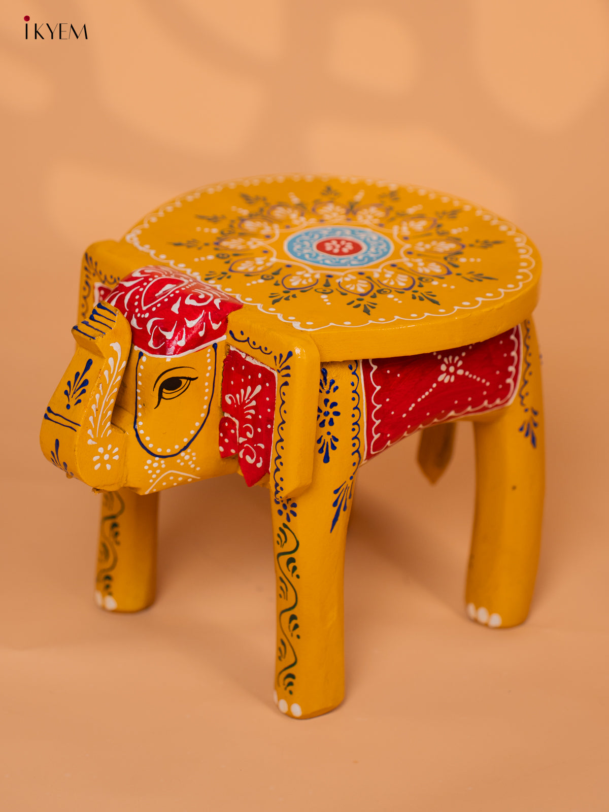 Wooden Hand painted Elephant Stool - Yellow- 8 Inch - KD18163