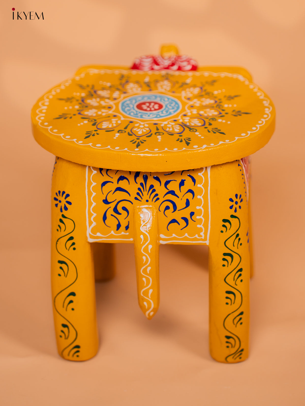 Wooden Hand painted Elephant Stool - Yellow- 8 Inch - KD18163