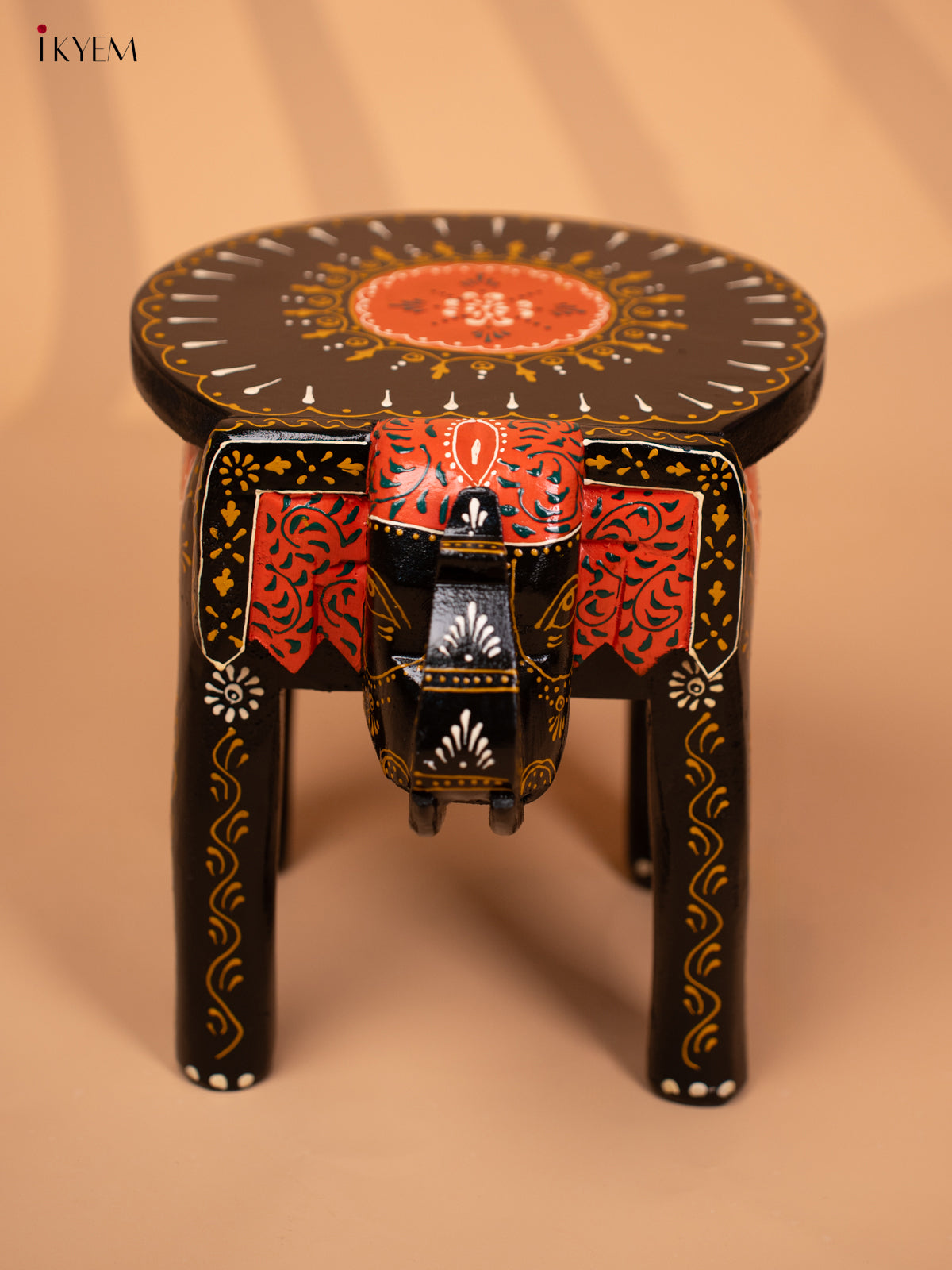 Wooden Hand painted Elephant Stool -Black with Orange - 10 Inch - KD18164