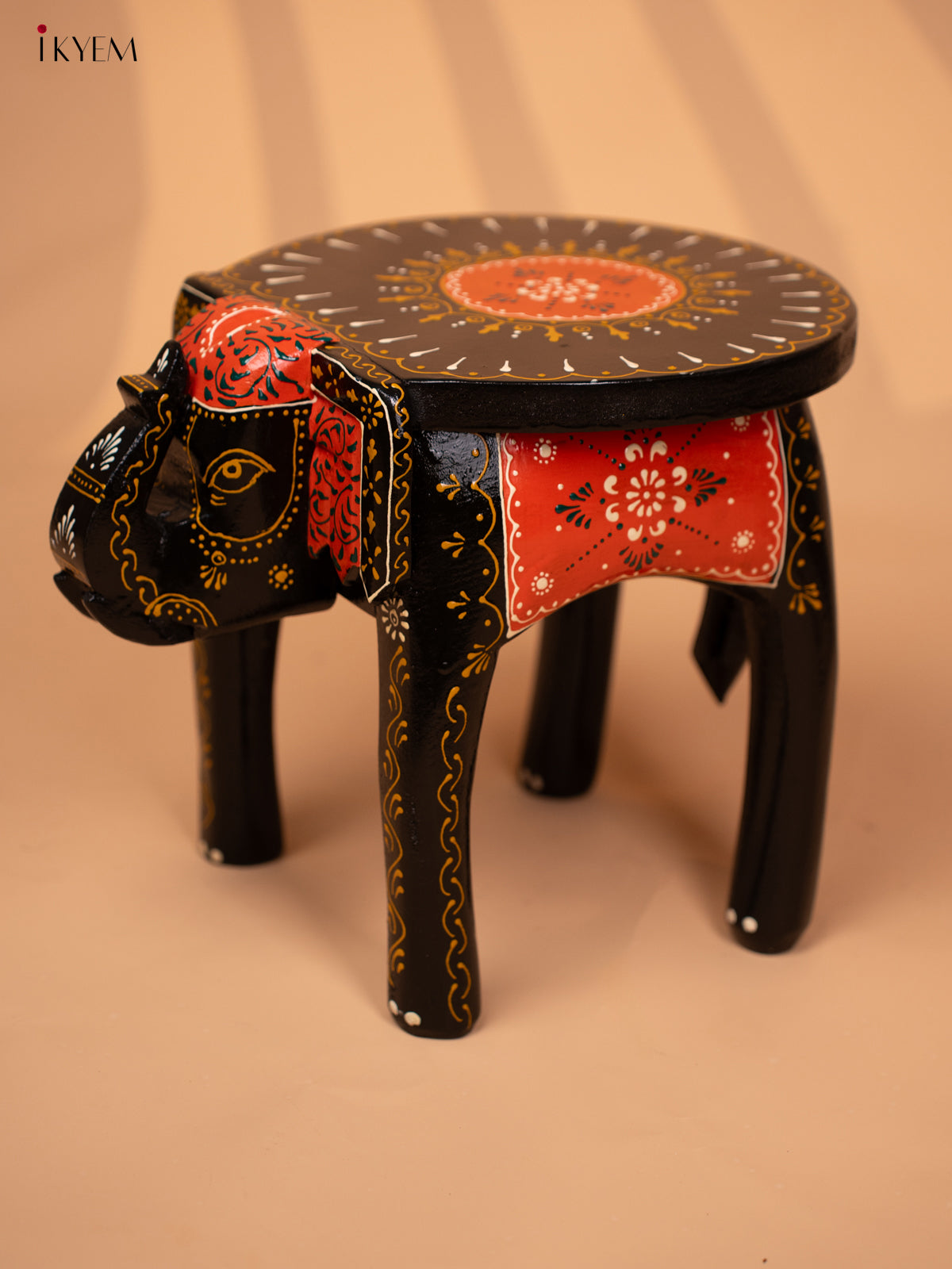 Wooden Hand painted Elephant Stool -Black with Orange - 10 Inch - KD18164