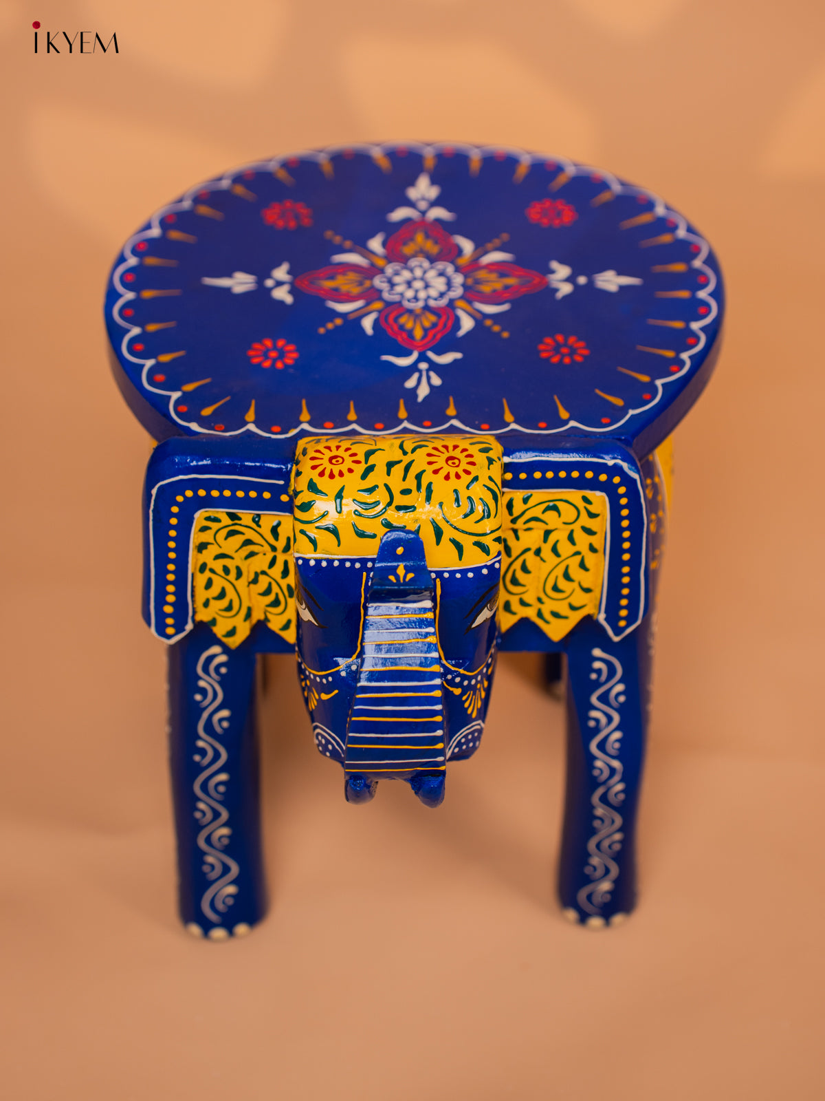 Wooden Hand painted Elephant Stool -Blue - 10 Inch - KD18165