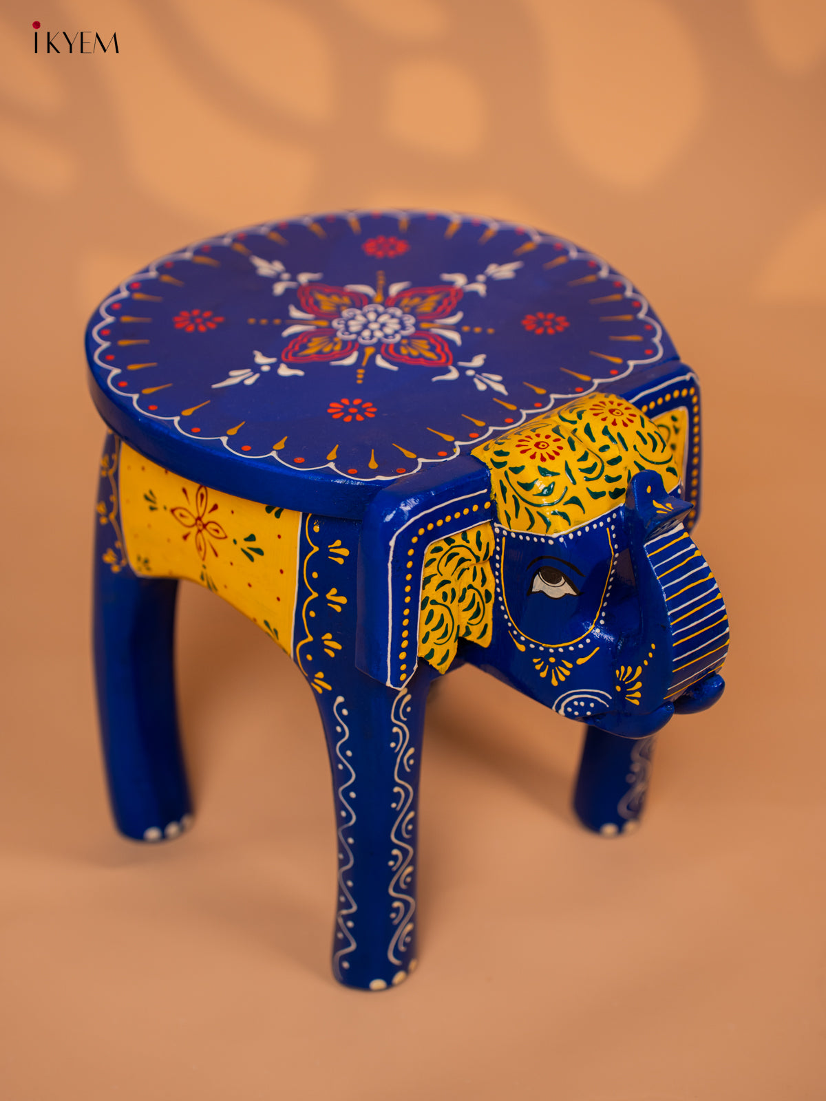 Wooden Hand painted Elephant Stool -Blue - 10 Inch - KD18165