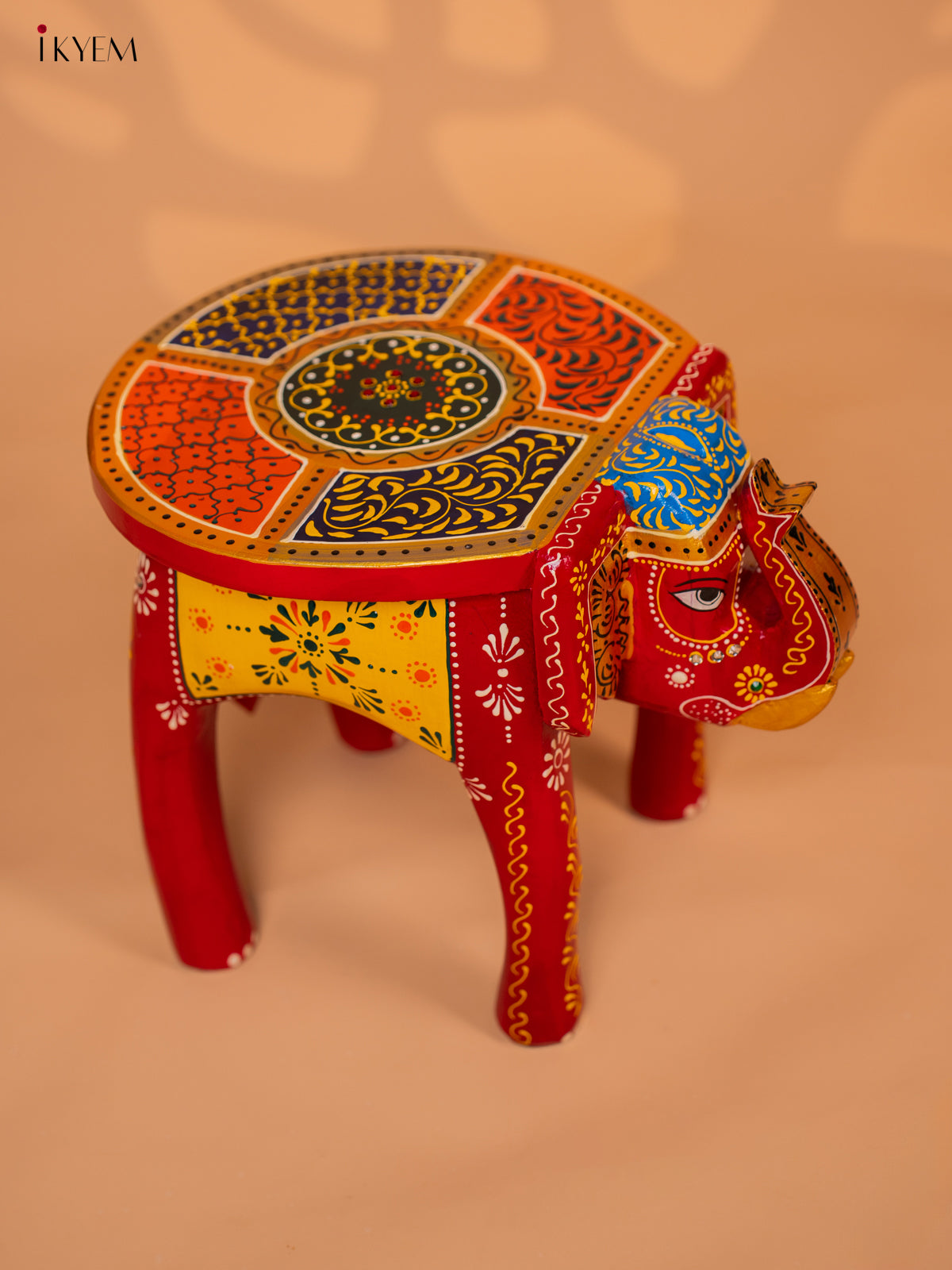 Wooden Hand painted Elephant Stool - Red with Yellow - 10 Inch - KD18166