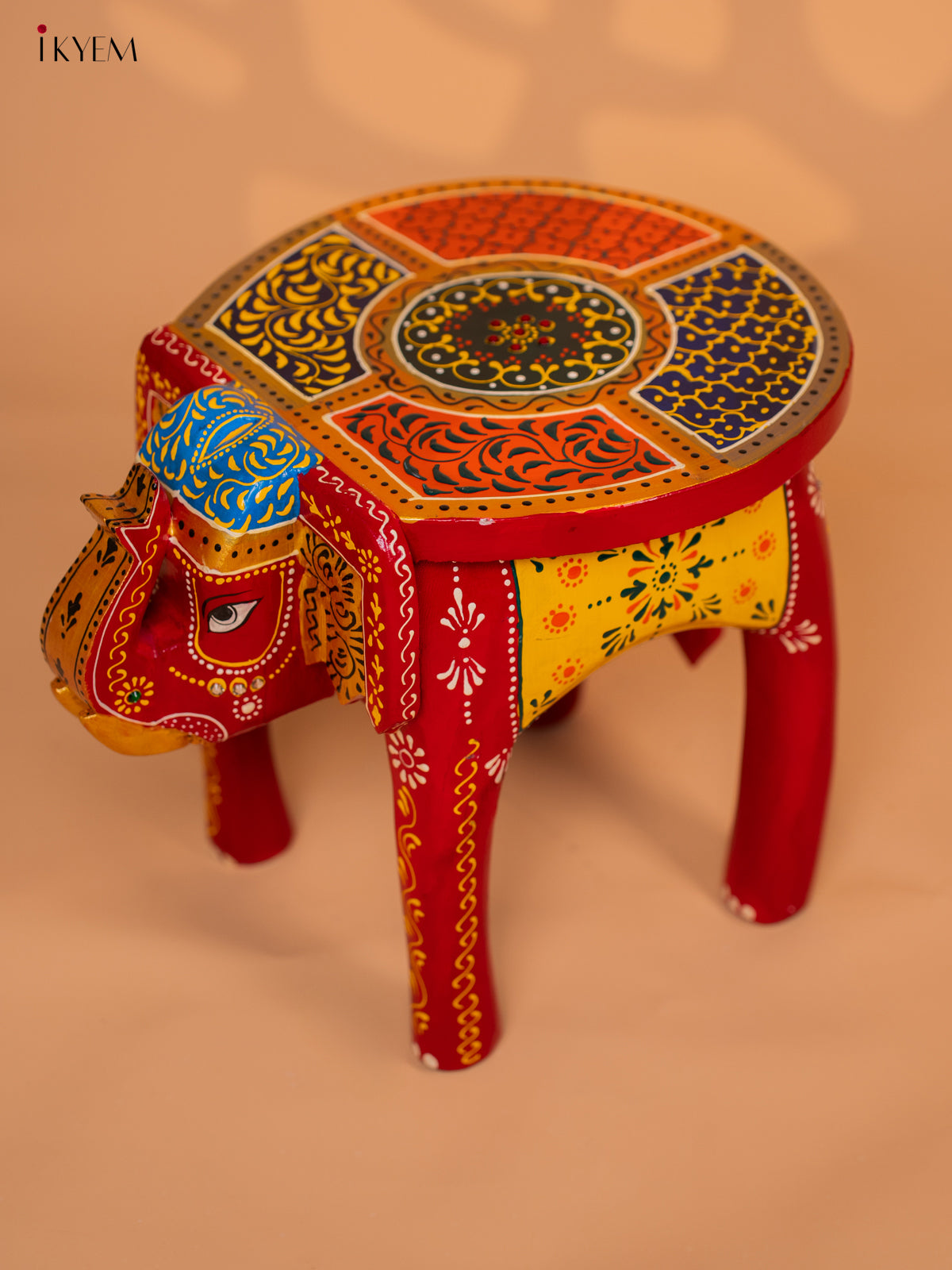 Wooden Hand painted Elephant Stool - Red with Yellow - 10 Inch - KD18166