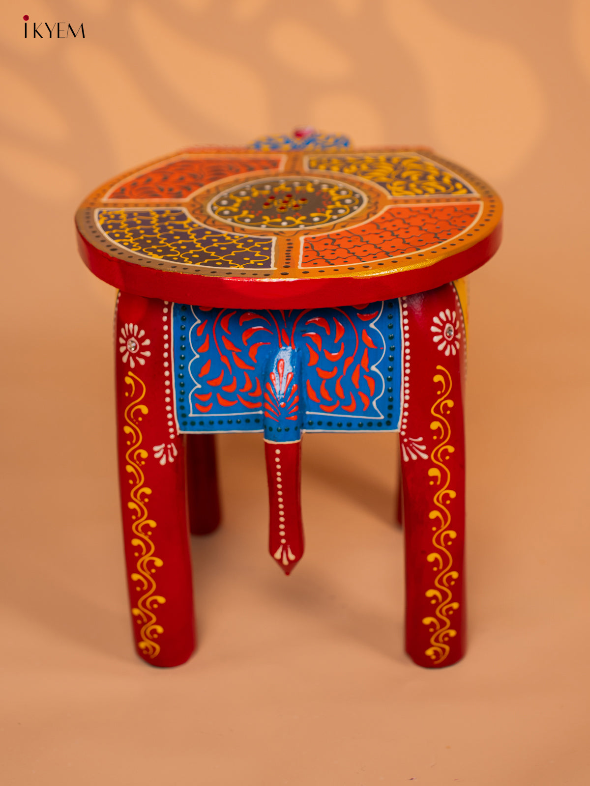 Wooden Hand painted Elephant Stool - Red with Yellow - 10 Inch - KD18166