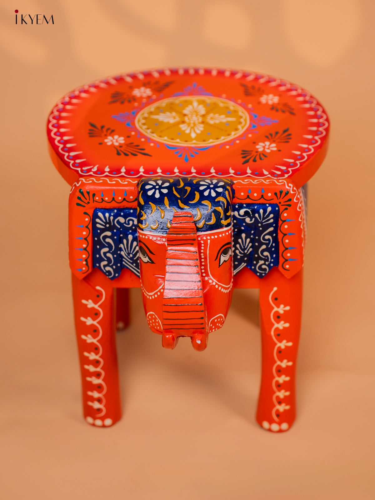 Wooden Hand painted Elephant Stool - Orange - 10 Inch - KD18167