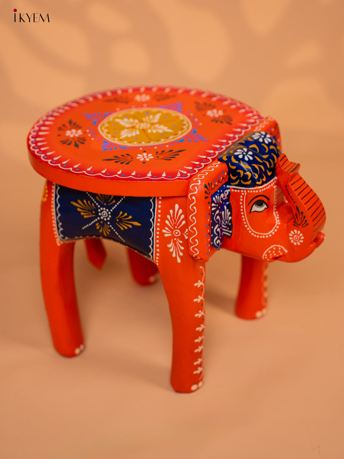 Wooden Hand painted Elephant Stool - Orange - 10 Inch - KD18167