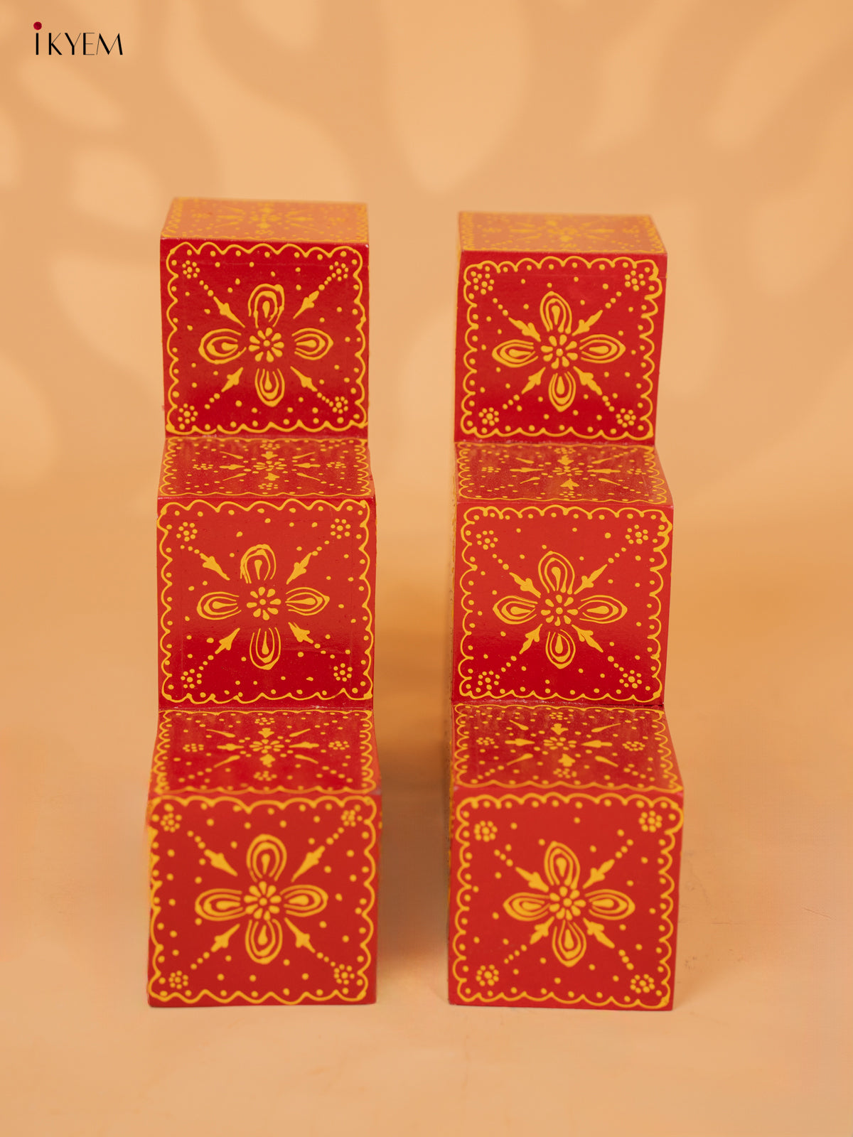 WOODEN HANDPAINTED 3-STEP DIYA PADI (set of 2) - RED - KD18173