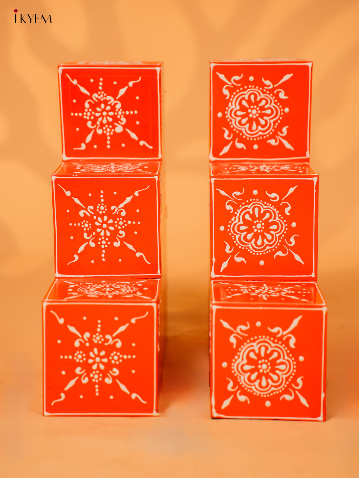 WOODEN HANDPAINTED 3-STEP DIYA PADI (set of 2) - ORANGE - KD18174
