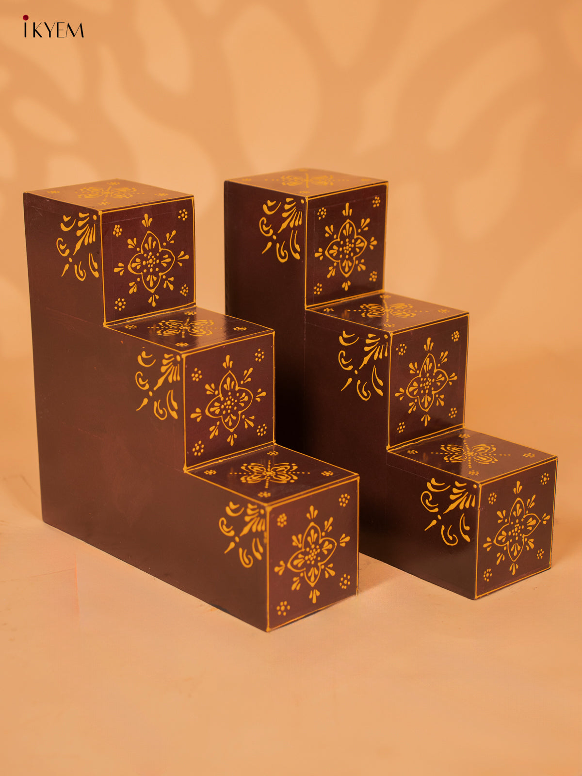 Wooden Hand painted 3-Step Diya Padi (Set Of 2) - Coffee Brown - KD18175