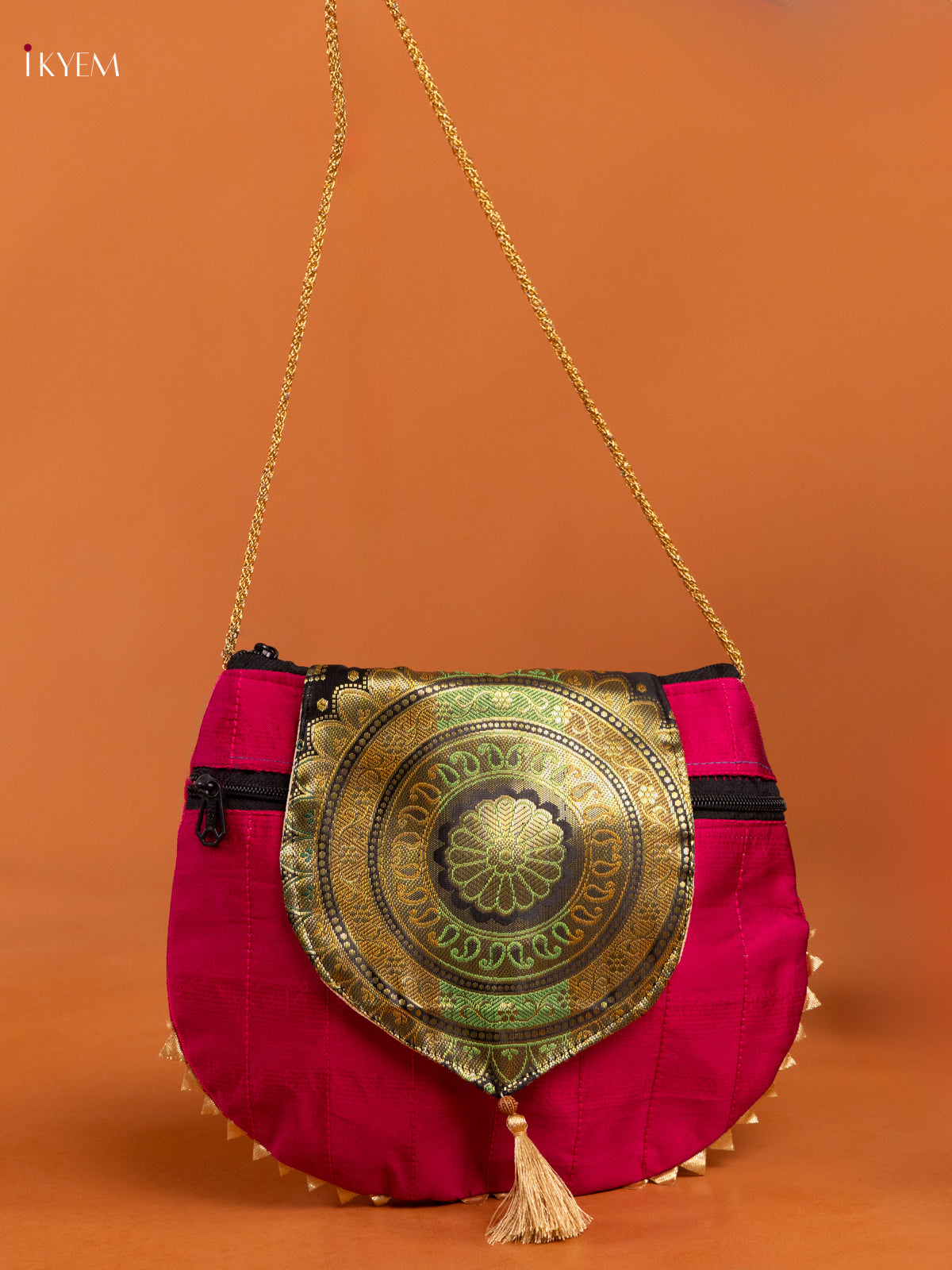Cute Pink Banarasi Silk Potli with Flap & Mandala Motif - KD26412