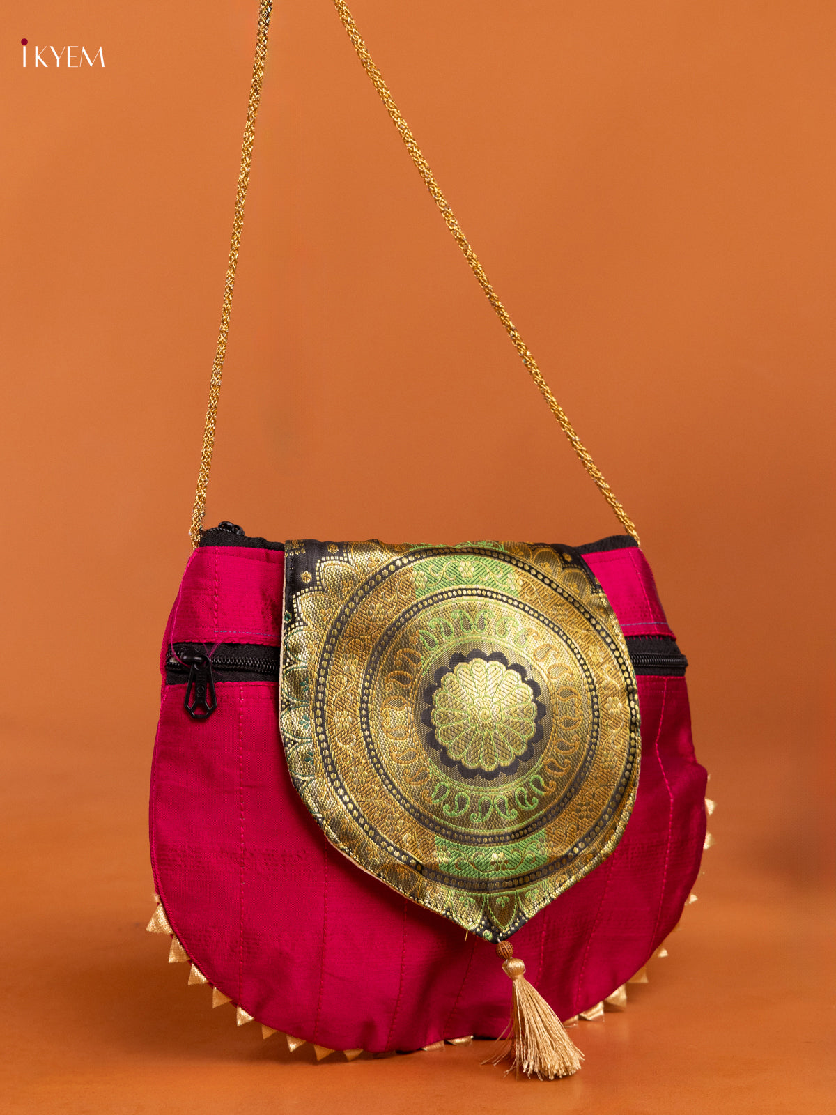 Cute Pink Banarasi Silk Potli with Flap & Mandala Motif - KD26412