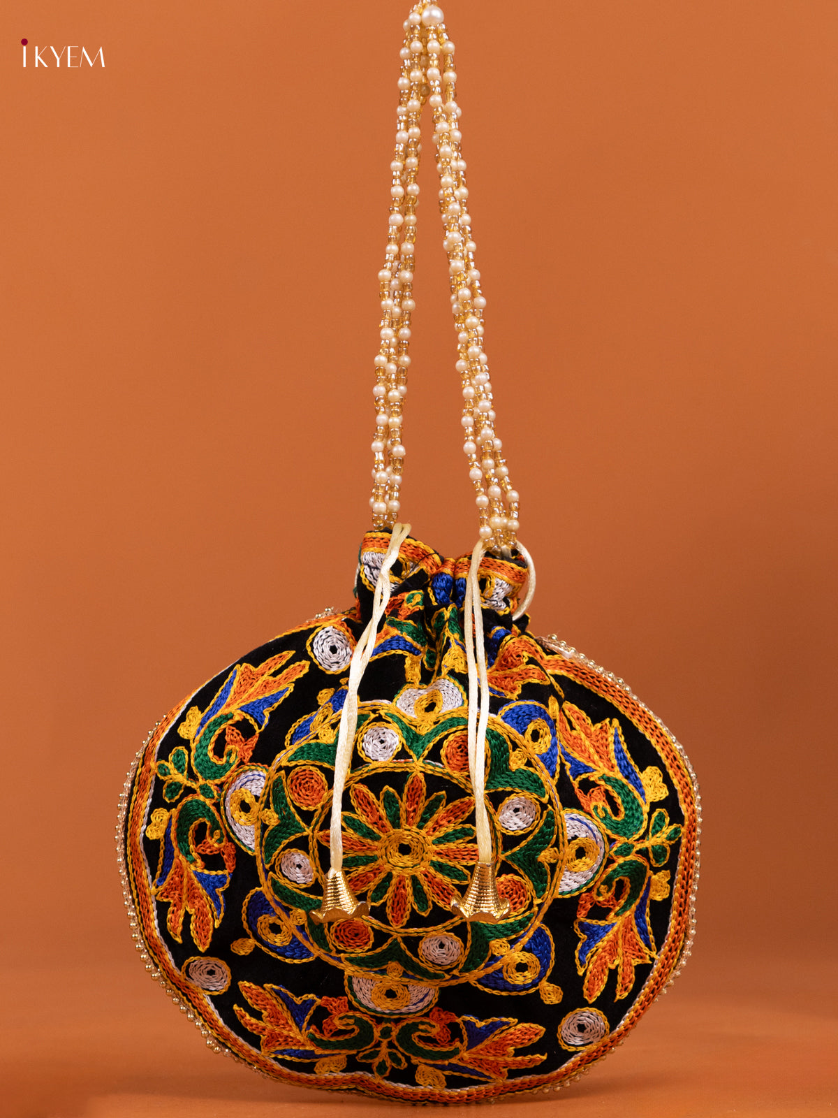 Black Embroidered rangoli Design Potli Gift Bag - KD26502