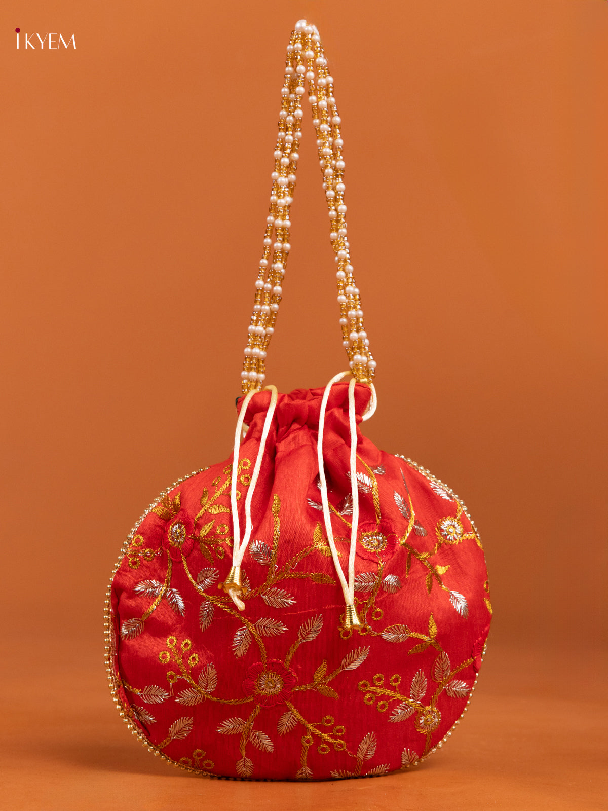 Red Potli Bag With Embroidered Floral Design & Gold Zari - KD26506