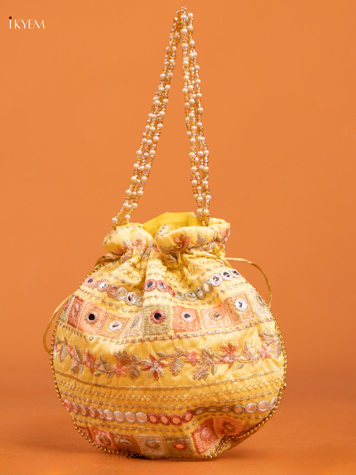 Yellow Embroidered Floral Design Potli Bag - KD26513