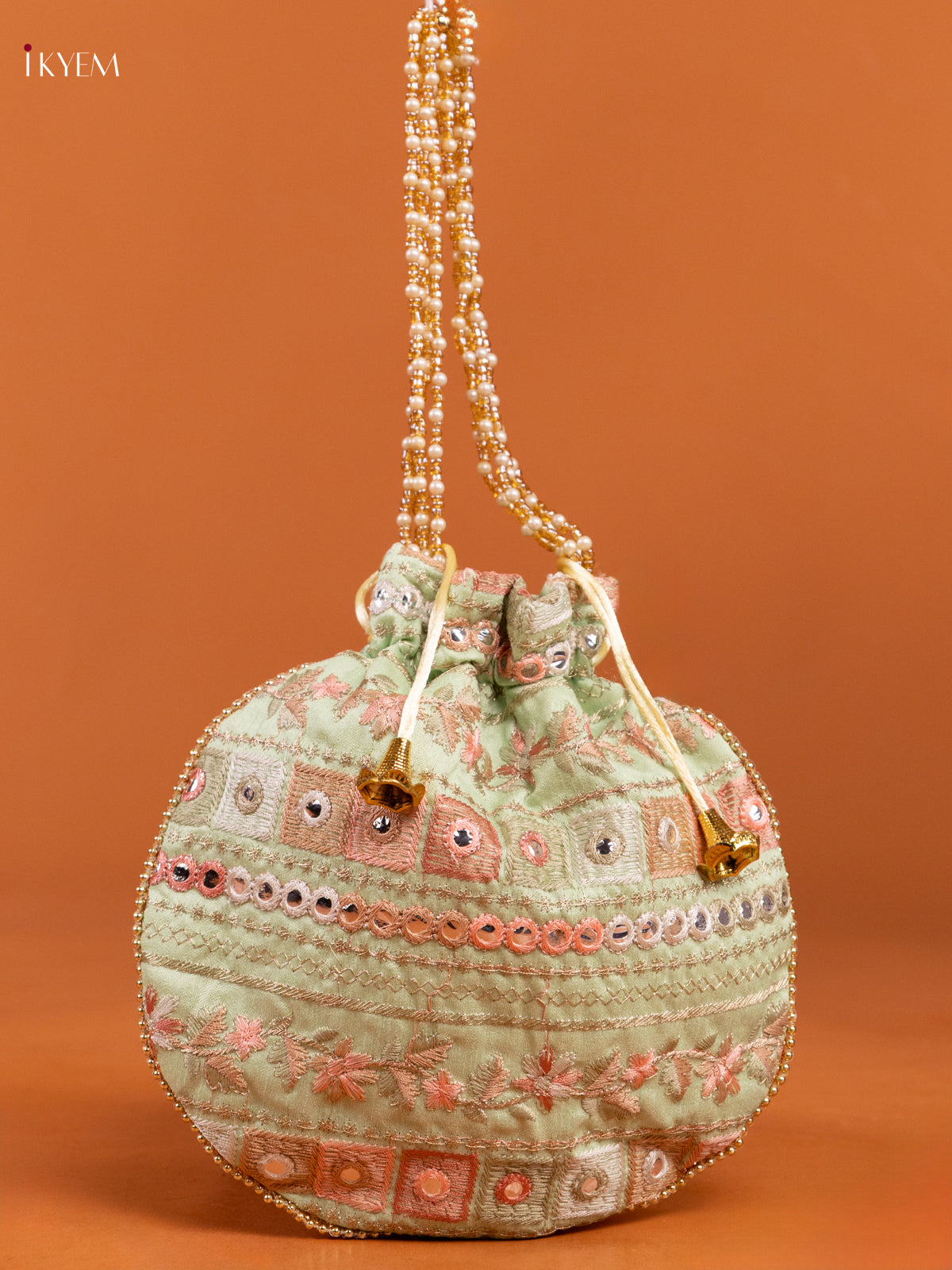 Pastel Green Embroidered Floral Design Potli Bag - KD26515
