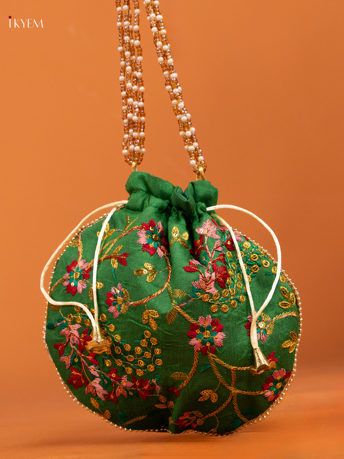 Green Embroidered Floral Design Zari Potli Bag - KD26523