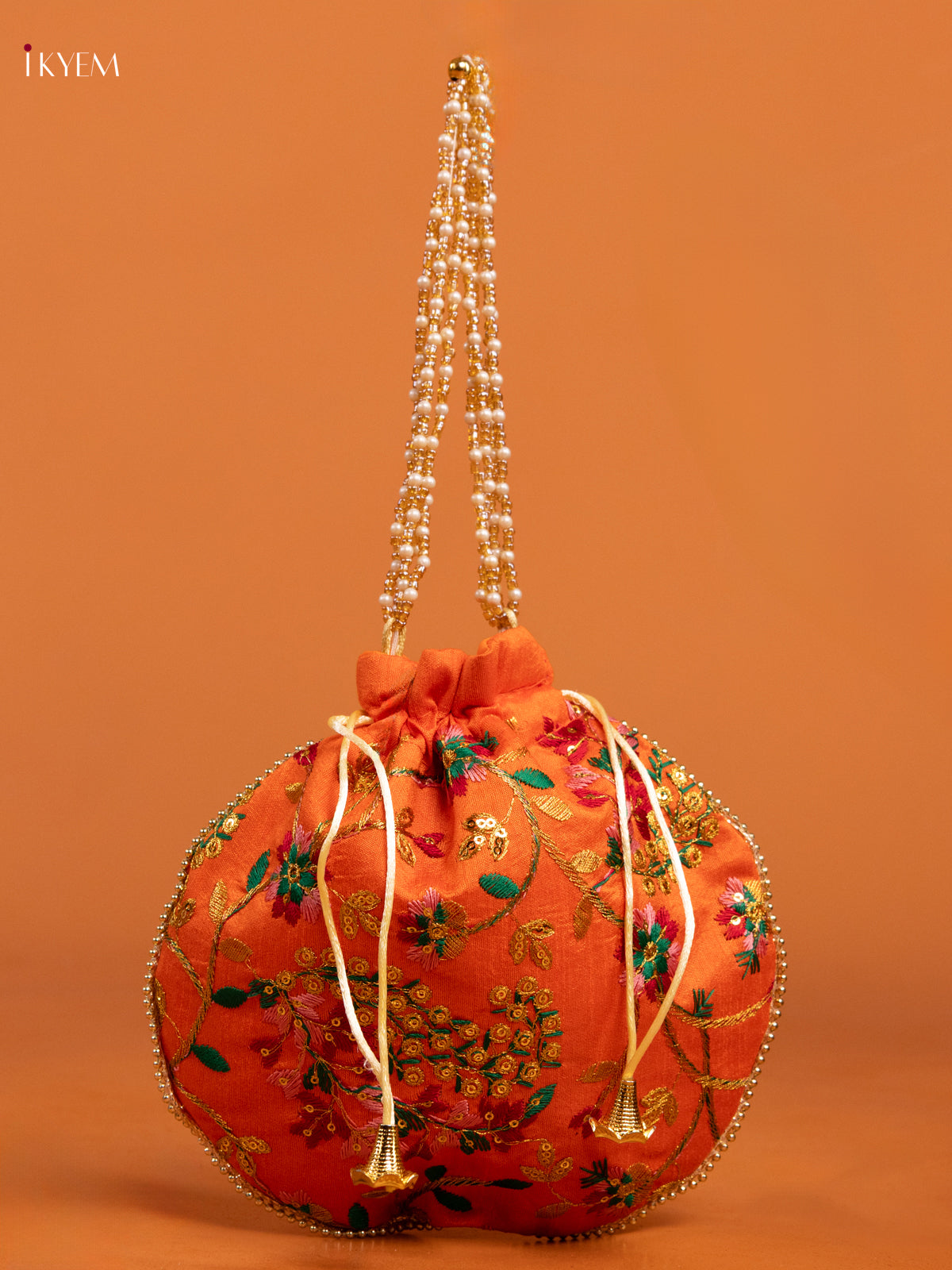Orange Embroidered Floral Design Potli Bag With Gold Zari  - KD26525